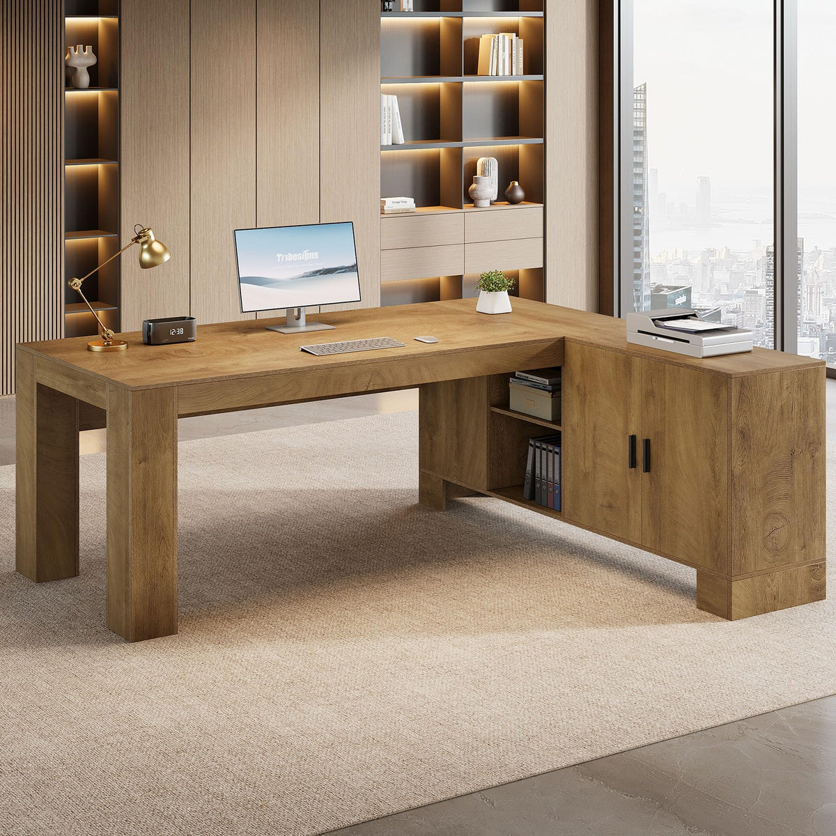 Tribesigns L-Shaped Executive Desk, 78-Inch Office Desk with Storage Cabinet and 2-Tier Shelf, Large Wooden Computer Writing Table Business Furniture Workstation for Home Office, Brown
