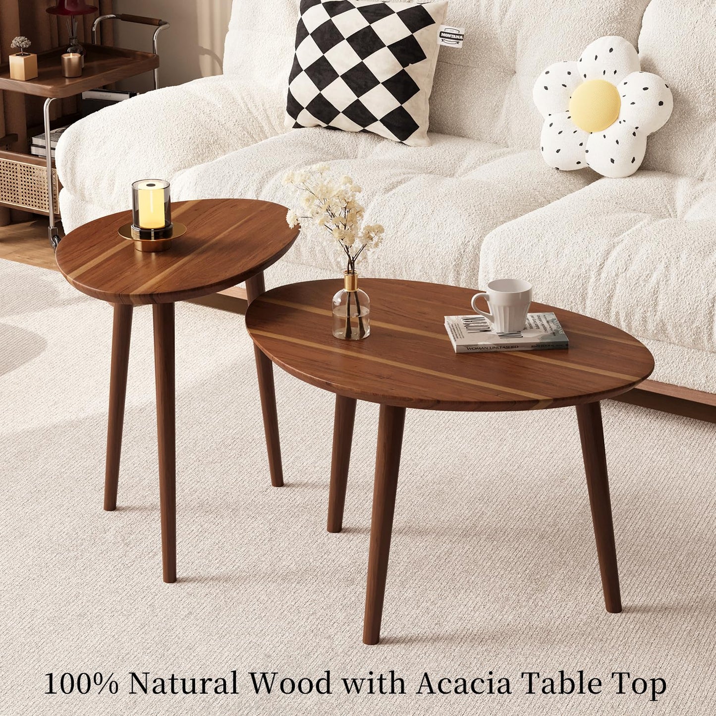 Semjar Small Oval Coffee Tables Set,Acacia Wood Nesting Tables（25.6"x17.7"+17.7"x13.4" for Living Room Small Spaces Office,Easy Assembly Wooden Minimalist Walnut Mid Century Modern Coffee Table