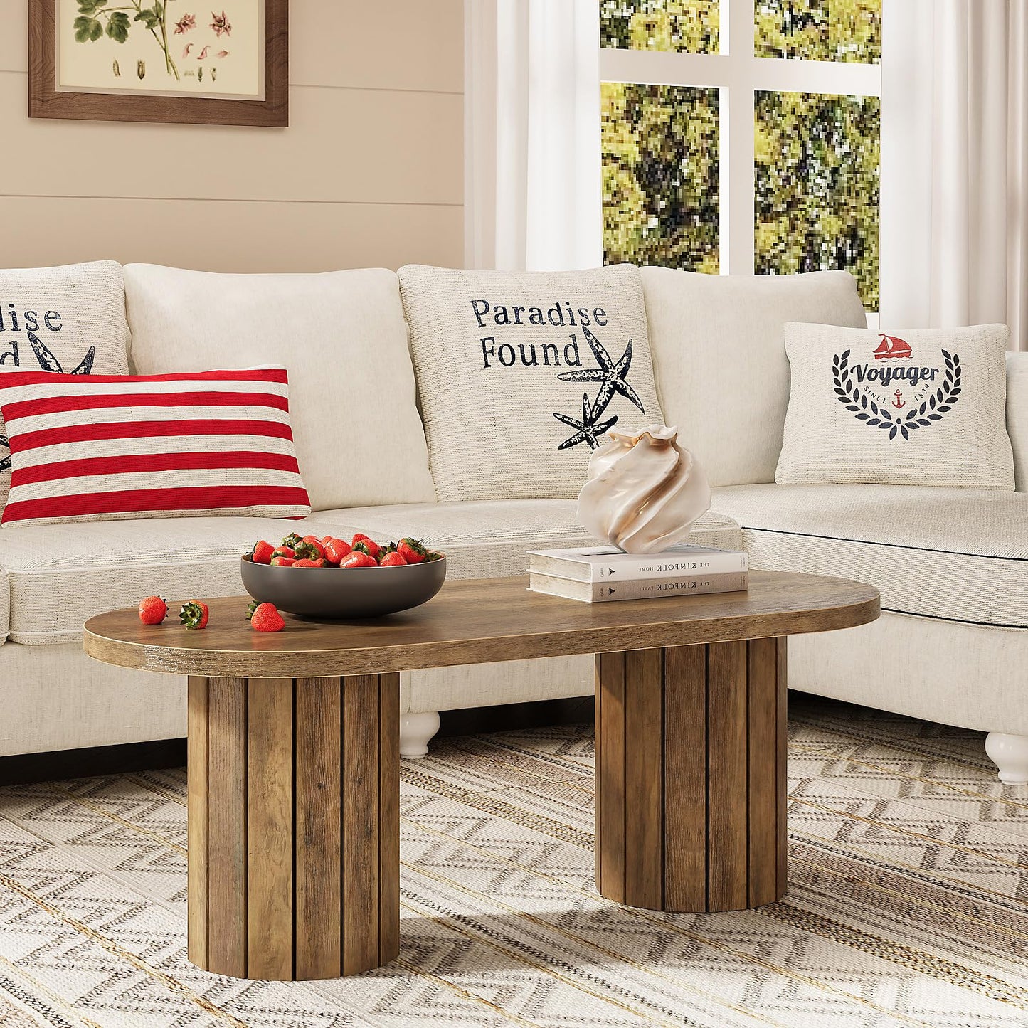 Tohomeor Oval Coffee Table, 43.3" Farmhouse Wooden Coffee Table with Fluted Legs, Mid-Century Modern Accent Center Table with for Living Room or Home Office, Retro Brown