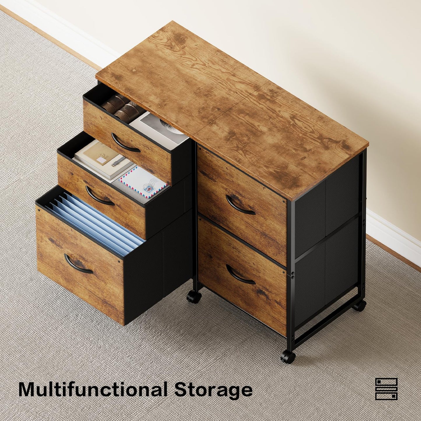 YeTom Lateral File Cabinet with 5 Drawers Rolling Filing Cabinets Under Desk Storage Printer Stand with Wheels,Mobile File Cabinet for Home Office,Rustic Brown