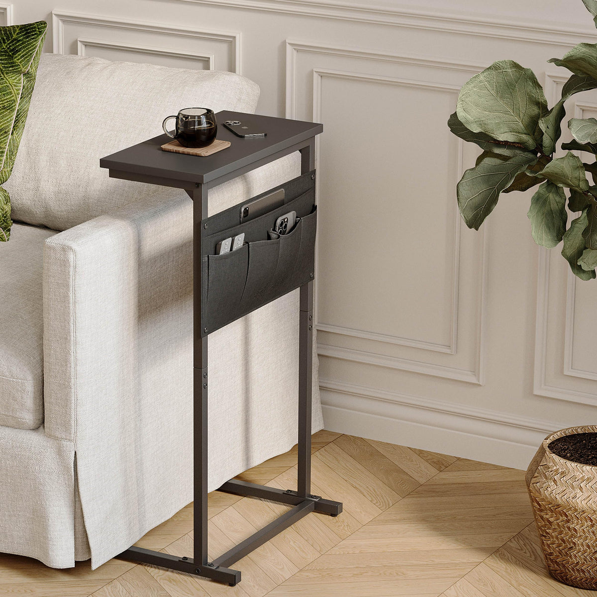 IRCPEN C Shaped End Table, Side Table for Sofa, Small TV Tray, Couch Table with Storage Bag for Small Space, Living Room, Bedroom, Home Office LET501B (Black)