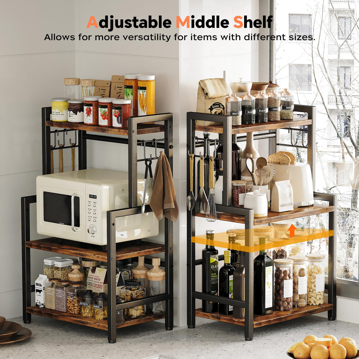 Kitchen Countertop Organizer,3 Tier Large Spice Rack Organizer with Adjustable Shelf and 5 Hooks,Wooden Counter Organizer,Space Saving Countertop Shelf Microwave Stand for Kitchen,Bathroom,Coffee Bar