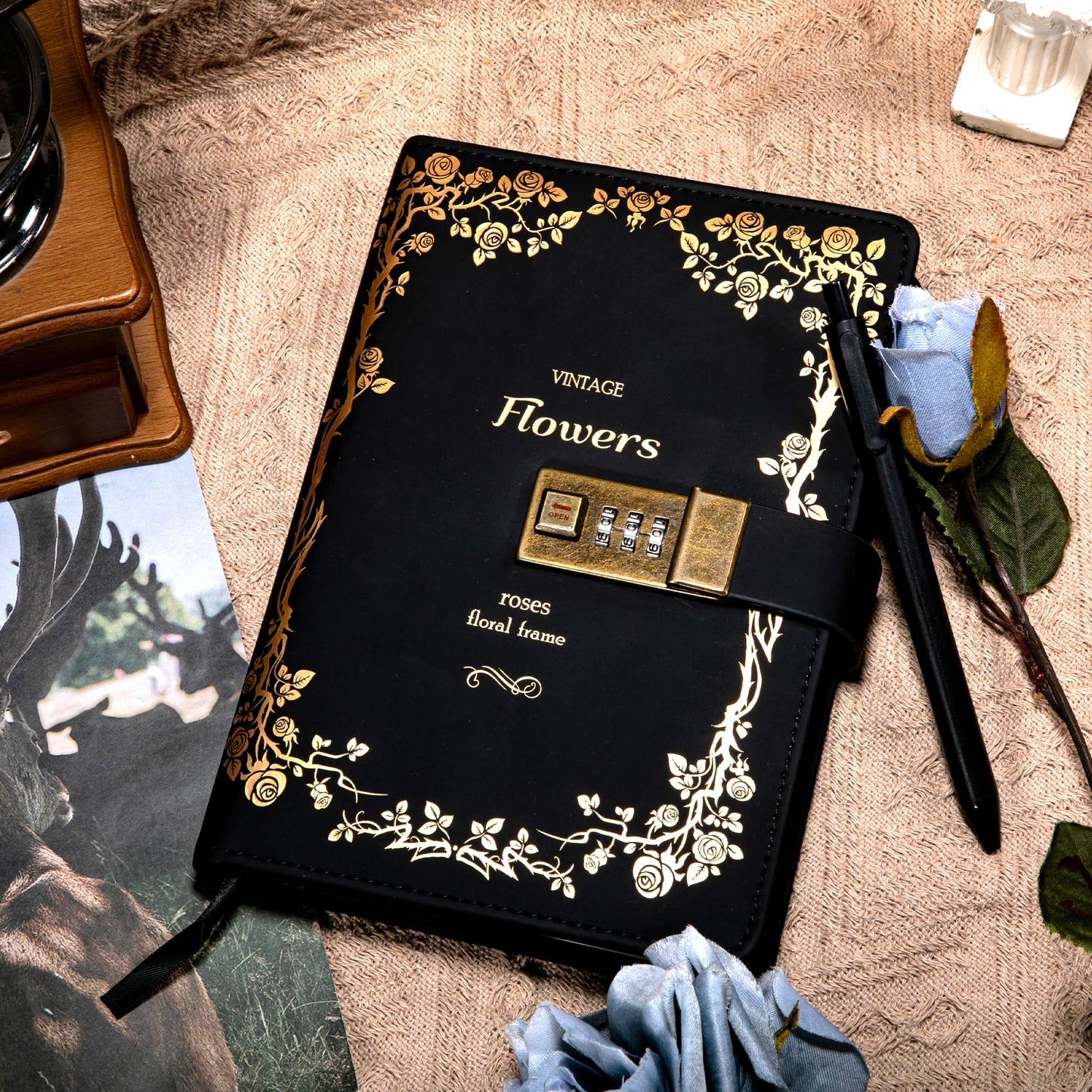 CAGIE Journal with Lock for Women Girls Refillable Lock Diary with Pen, Vintage Hot Foil Embossed Design Locking Journal for Gifts, Travel, 5.5 x 8 in, Black