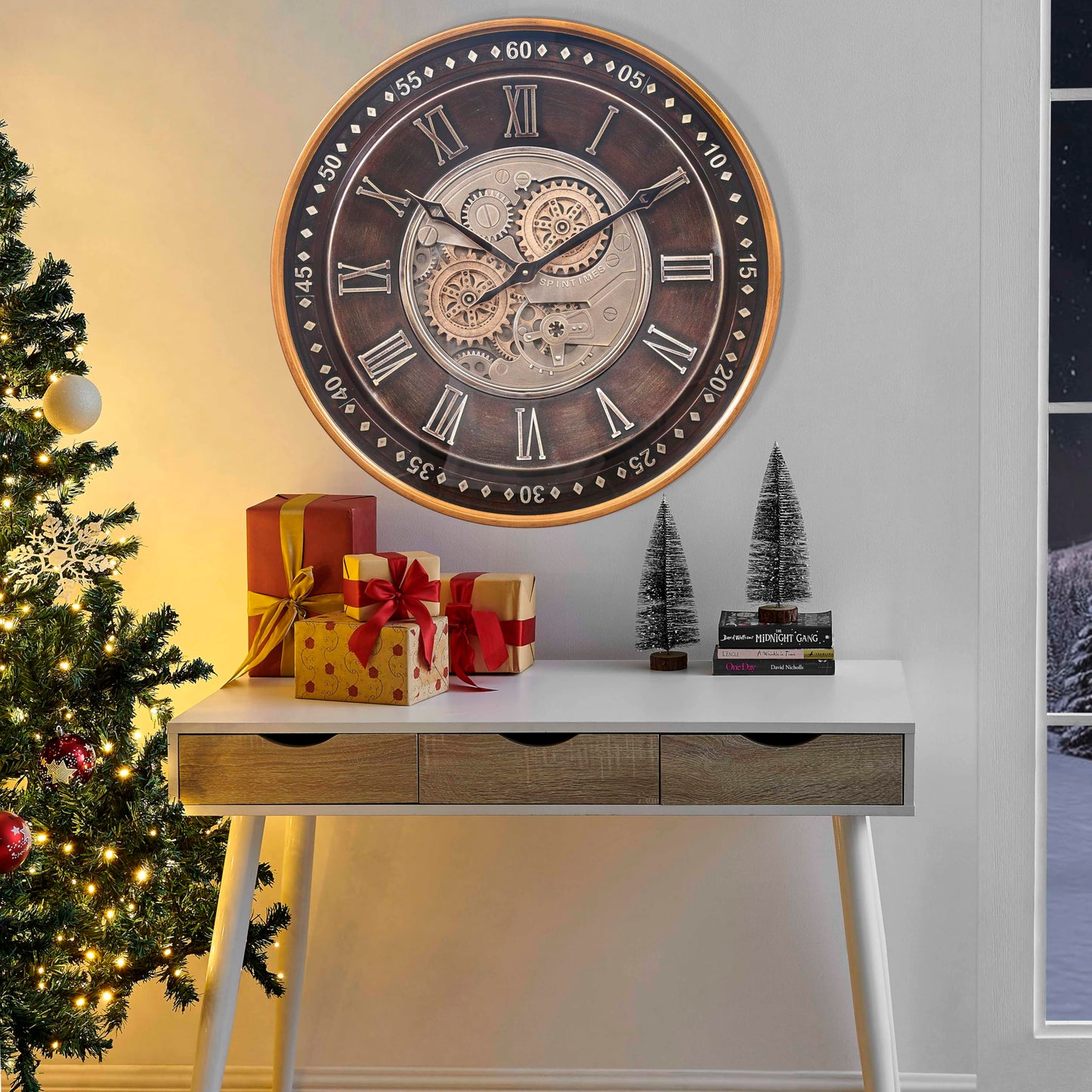 CLXEAST 24 Inch Wall Clock with Moving Gears,Oversized Large Industrial Steampunk Style, Antique Gold Metal Roman Numeral Wall Clocks for Farmhouse Living Room Decor