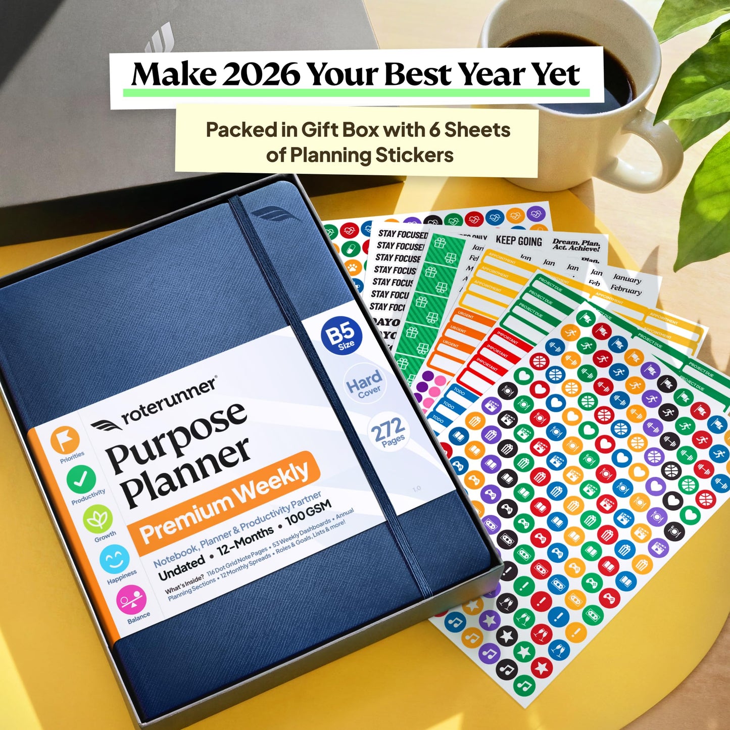 Roterunner Purpose Planner Notebook B5 7.5”x9.8” 12 Month Undated 2026 Daily Weekly and Monthly Productivity Goal Setting Tool for Work Home ADHD Planner for Adults Self Care Journa (Teal)