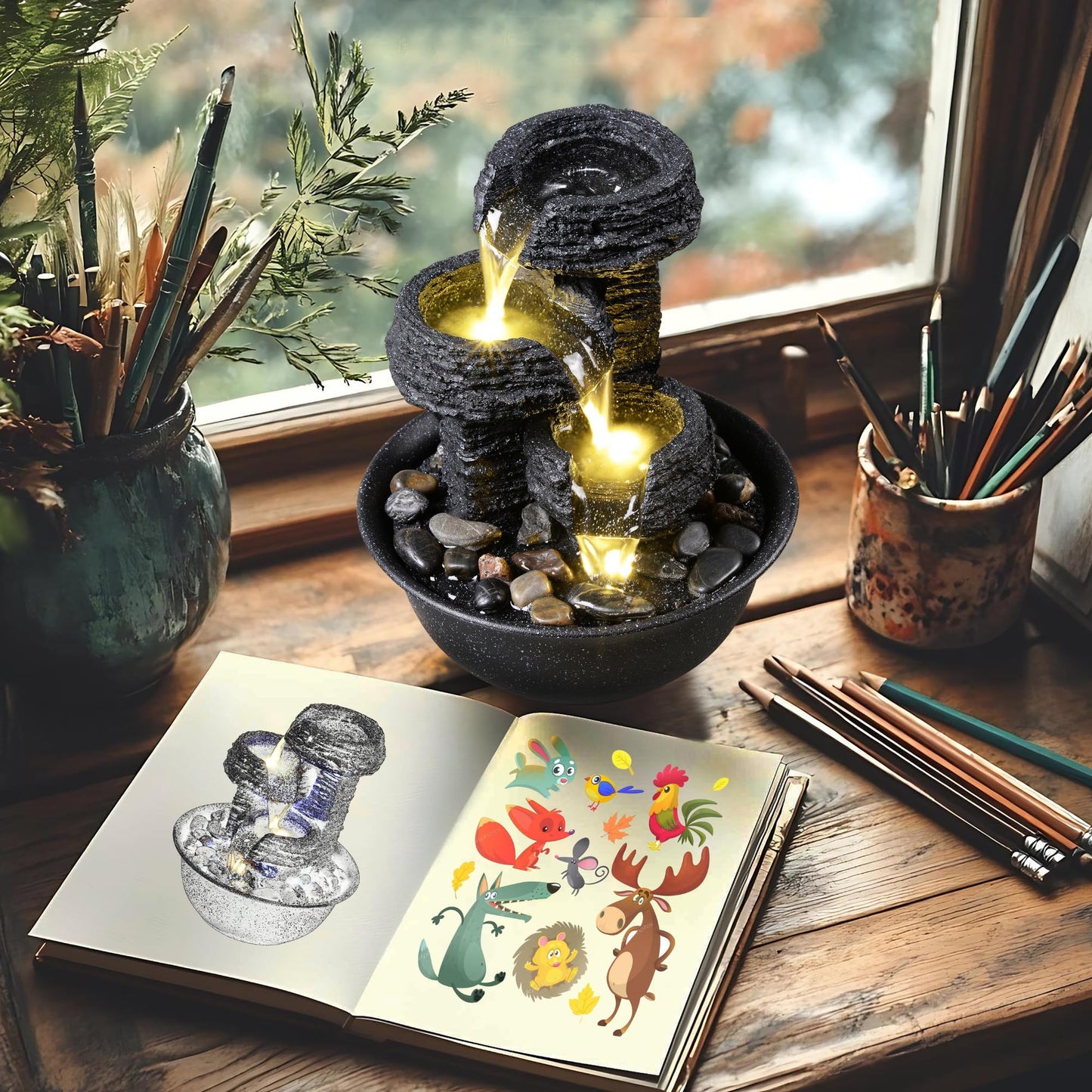 Rock Style Tabletop Fountain with LED Light – Indoor Waterfall Feature for Home or Office Décor, Relaxing Zen Desktop Water Fountain