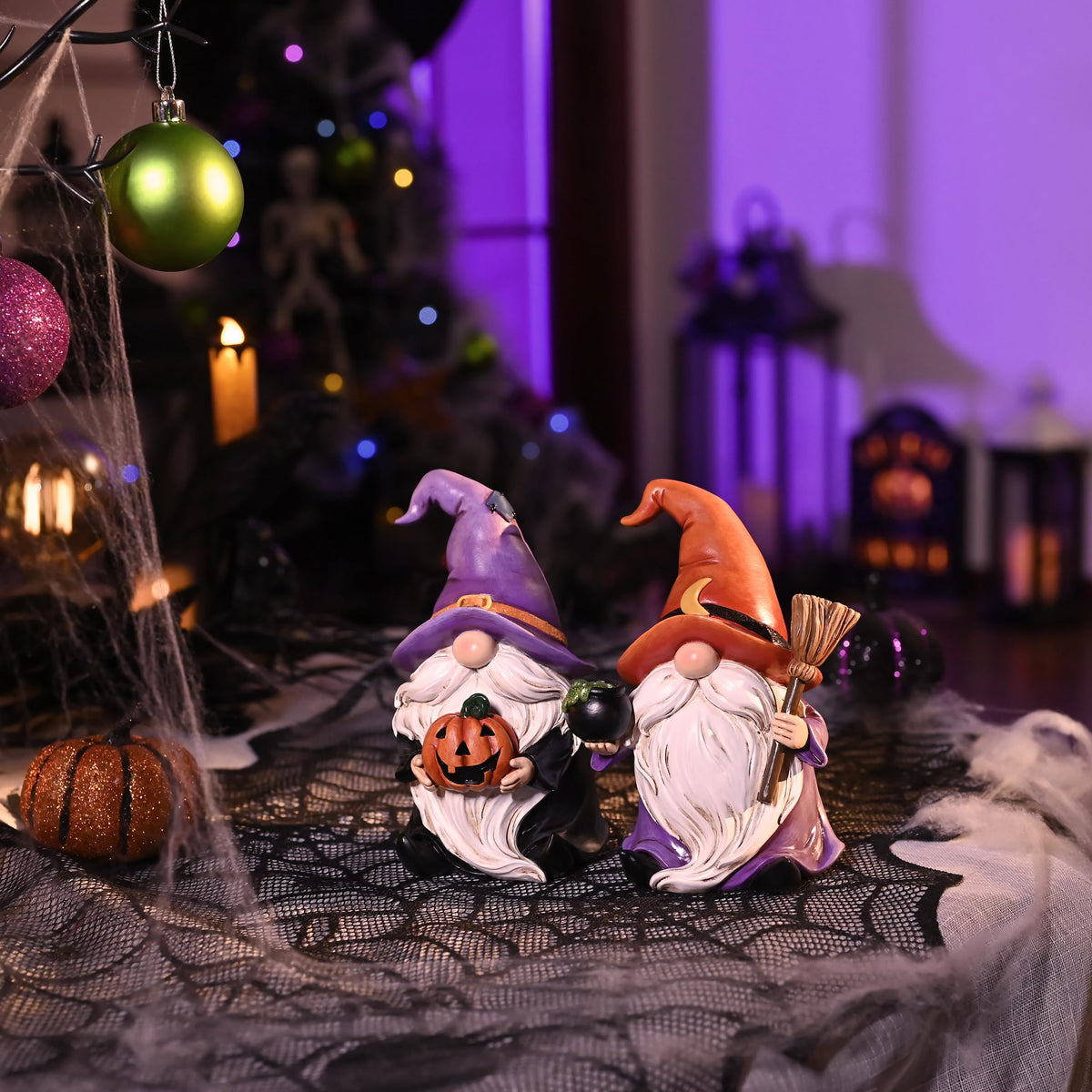 Valery Madelyn Gnomes Halloween Decorations Indoor, 2 Pcs Resin Gnome Decor for Home with Witch Hat Broom Jack O Lantern Moon, Halloween Figurines Elf Dwarf for Table Tiered Tray Outdoor, 6.3"