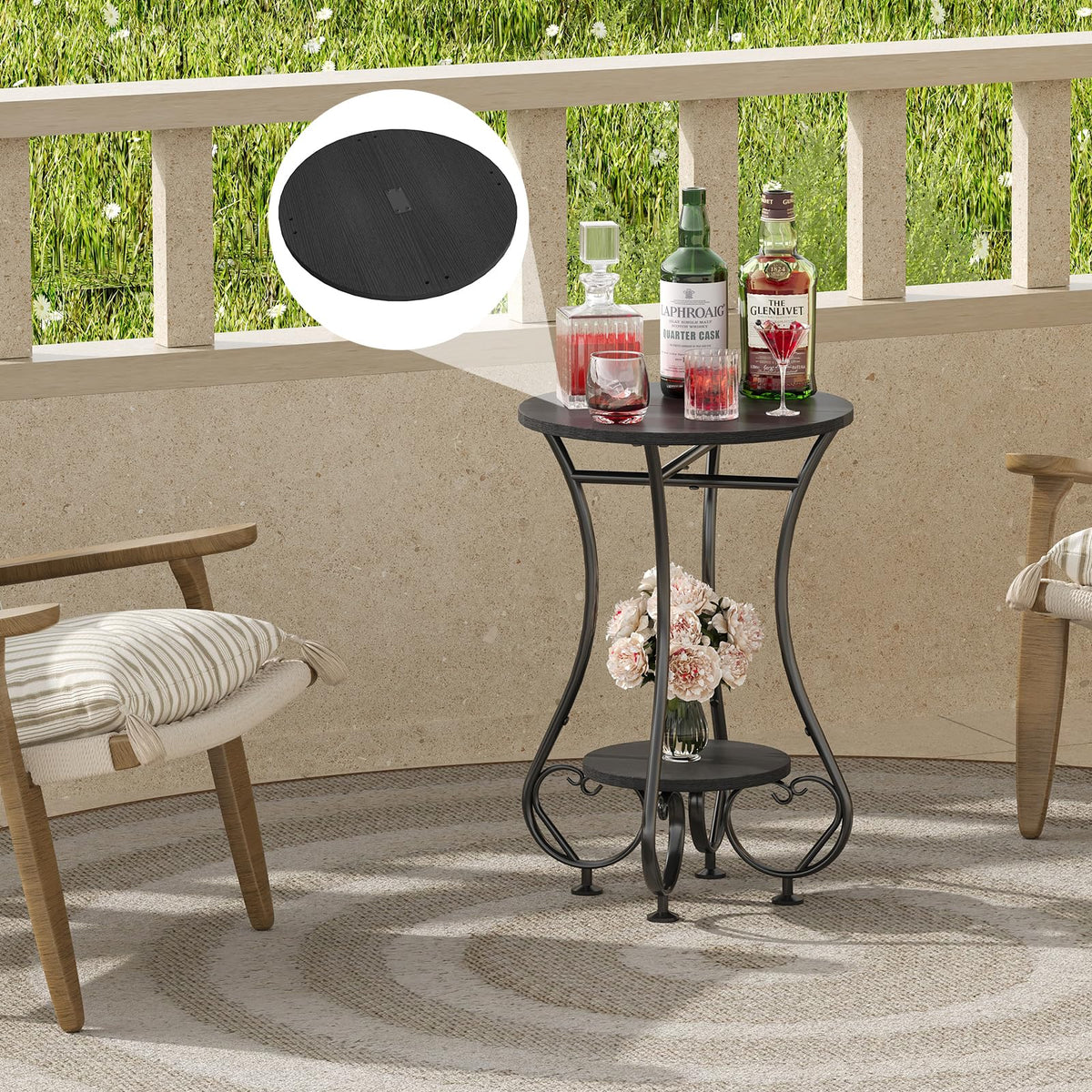 X-cosrack Small Round Side Table,Round End Table for Small Spaces - Black Metal Nightstand with Adjustable Feet,Couch Sofa Coffee Table,Retro Accent Table for Living Room Bedroom Balcony