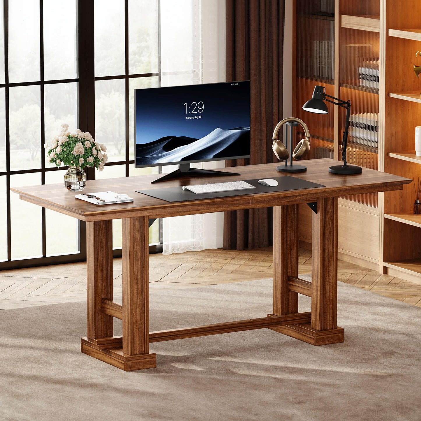 DWVO 70 Inch Computer Desk, Large Executive Office Table Workstation, Modern Farmhouse Style Laptop Wooden Sturdy Legs Writing Desk Business Furniture for Home, Dark Walnut