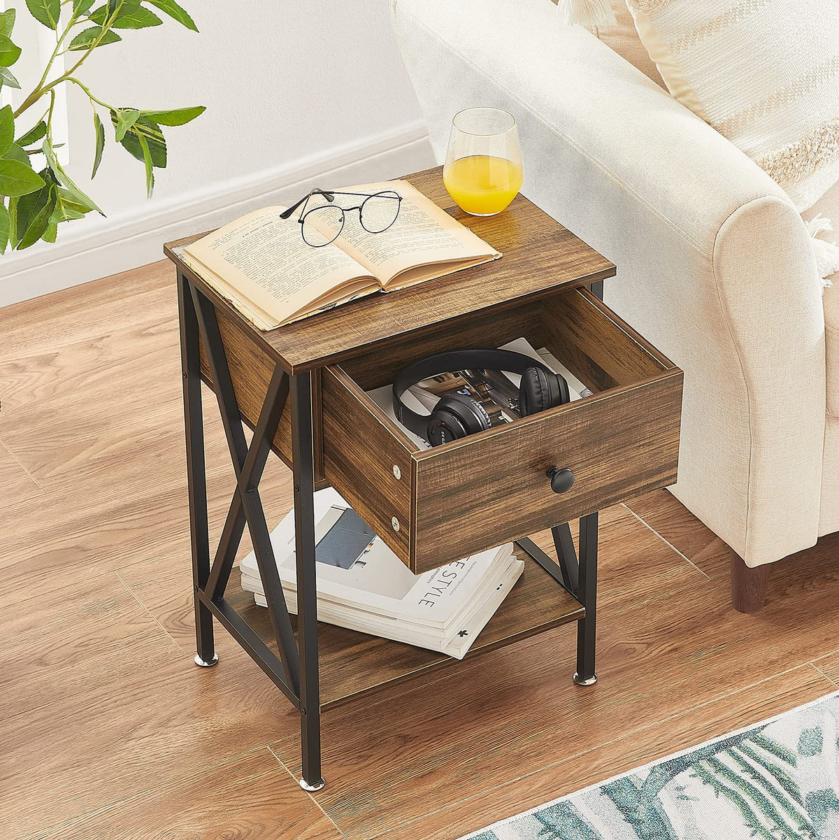 VECELO Nightstands, Modern End Side Tables,Night Stand Set of 2 with Drawer &Storage Shelf for Bedroom Living Room Office Lounge, 2, Brown