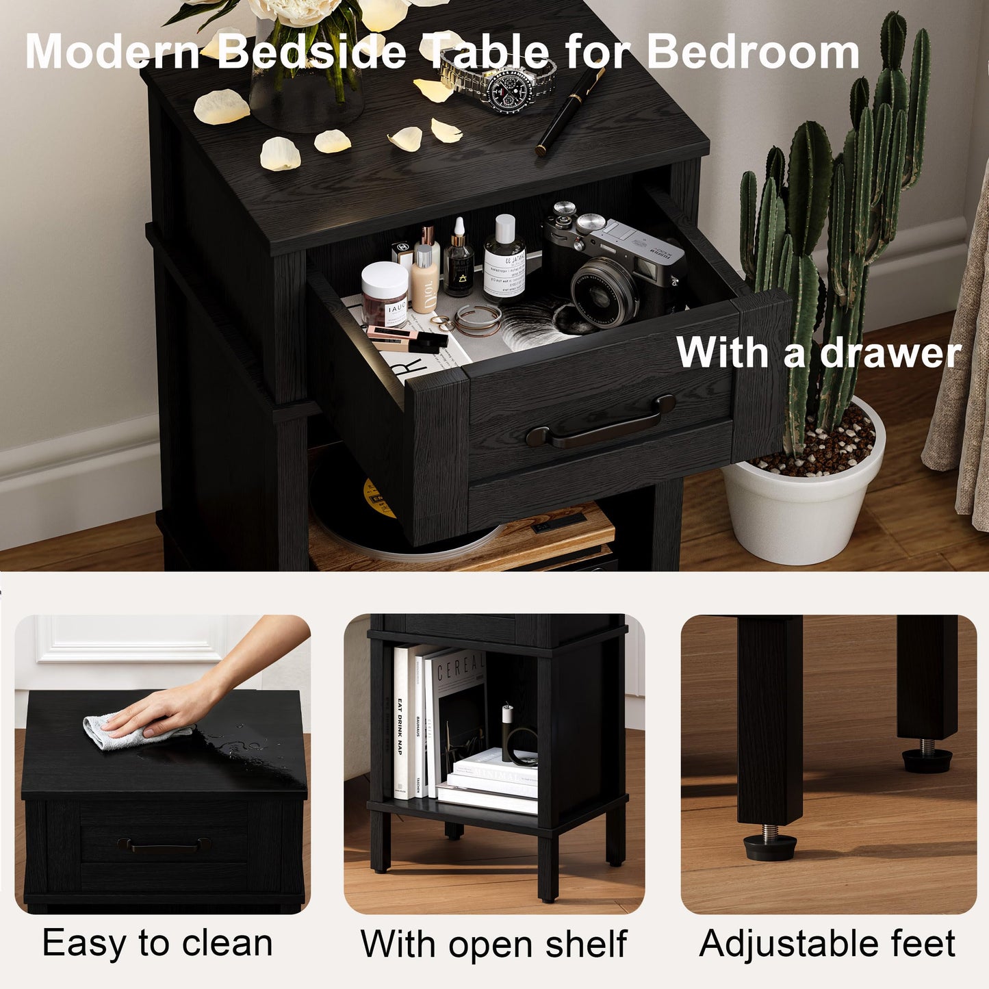 YAUKTAK Farmhouse Nightstand with Drawer, Small Wood Side Table, Wooden Bedroom Nightstand, Wood Night Stand, Black Bedside Table with Storage, Black End Table for Living Room LET512B