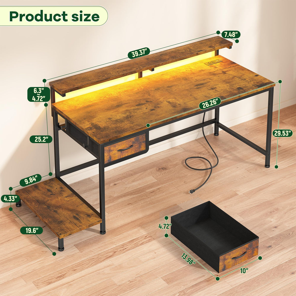 DurayLoly 39.3Inch Office Desk with Power Outlet & Drawer, Gaming Desk with CPU Stand& LED Lights,Computer Desk with Ergonomic Monitor Stand for Small Space,Rustic Brown