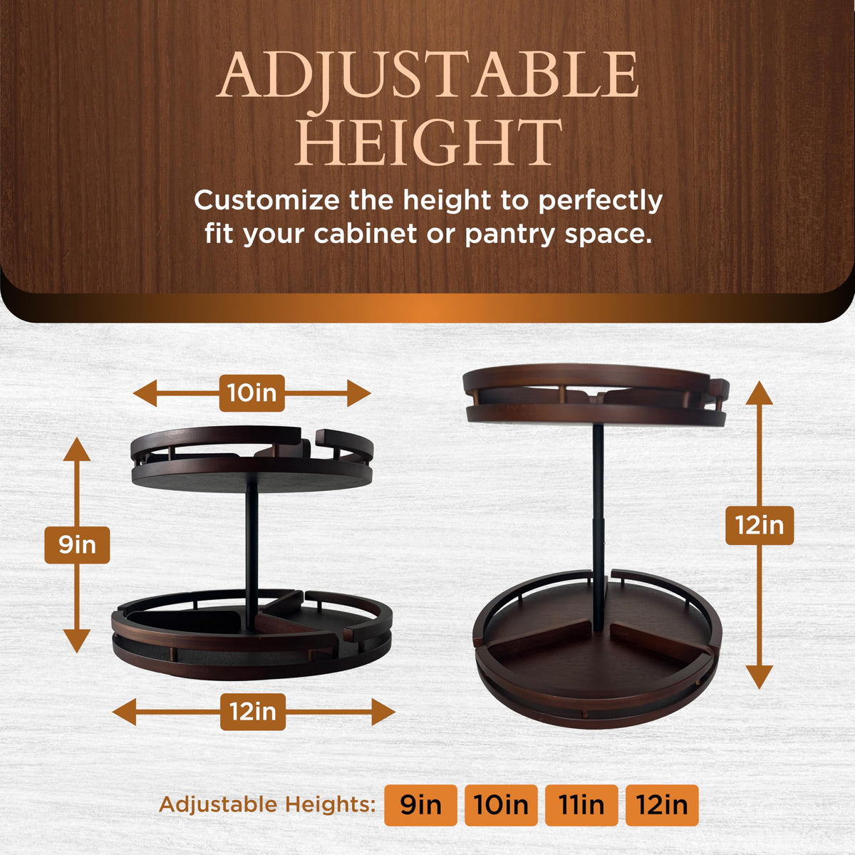 2 Tier Lazy Susan Organizer – 12" Bamboo Rotating Spice Rack Organizers with Adjustable Height Turntable for Cabinet, Pantry, Medicine Cabinet, Kitchen, Spinning Bathroom Counter Top Organizers