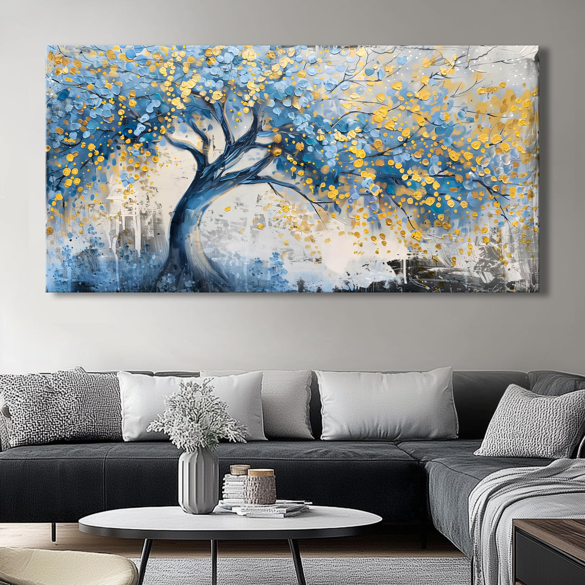 Wall Art Tree of blue Life Abstract Canvas Painting Textured Picture, Modern Landscape Artwork Framed for Living Room Bedroom Bathroom Office Home Decor 40x20in