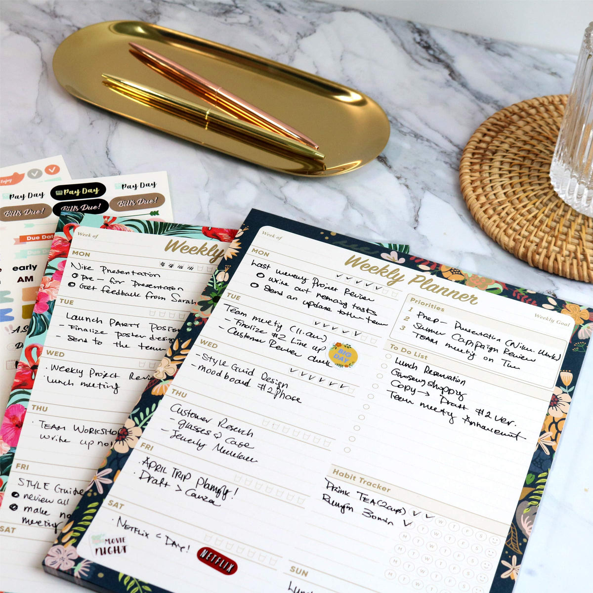 Oriday Weekly Planner Task Organizer Pad - 52 Sheets Undated Planning Tear-away Notepad (7.8" x 10" Dark Flower)