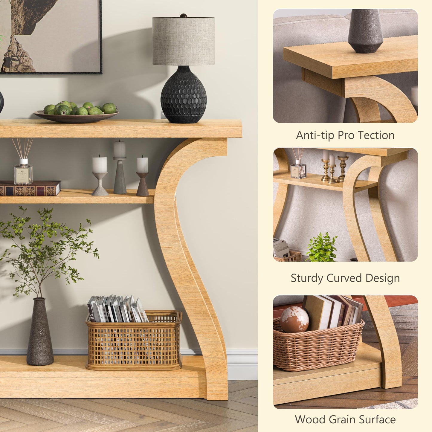 UODERS Wooden Console Table with Curved Legs and Shelf, 3-Tier Modern Accent Narrow Sofa Table for Entrance Area, Living Room, Hallway, 47 in Wide Wood Console Table for Entryway (Nature)