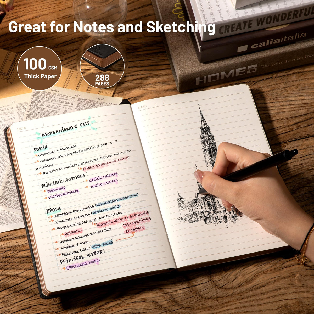 CAGIE Compass Leather Notebook Journal for Men, 100 GSM 288 Pages Lined Journals for Writing, A5 Hardcover Journaling Notebooks Gift Set with Pen for Travel Office Daily Writing