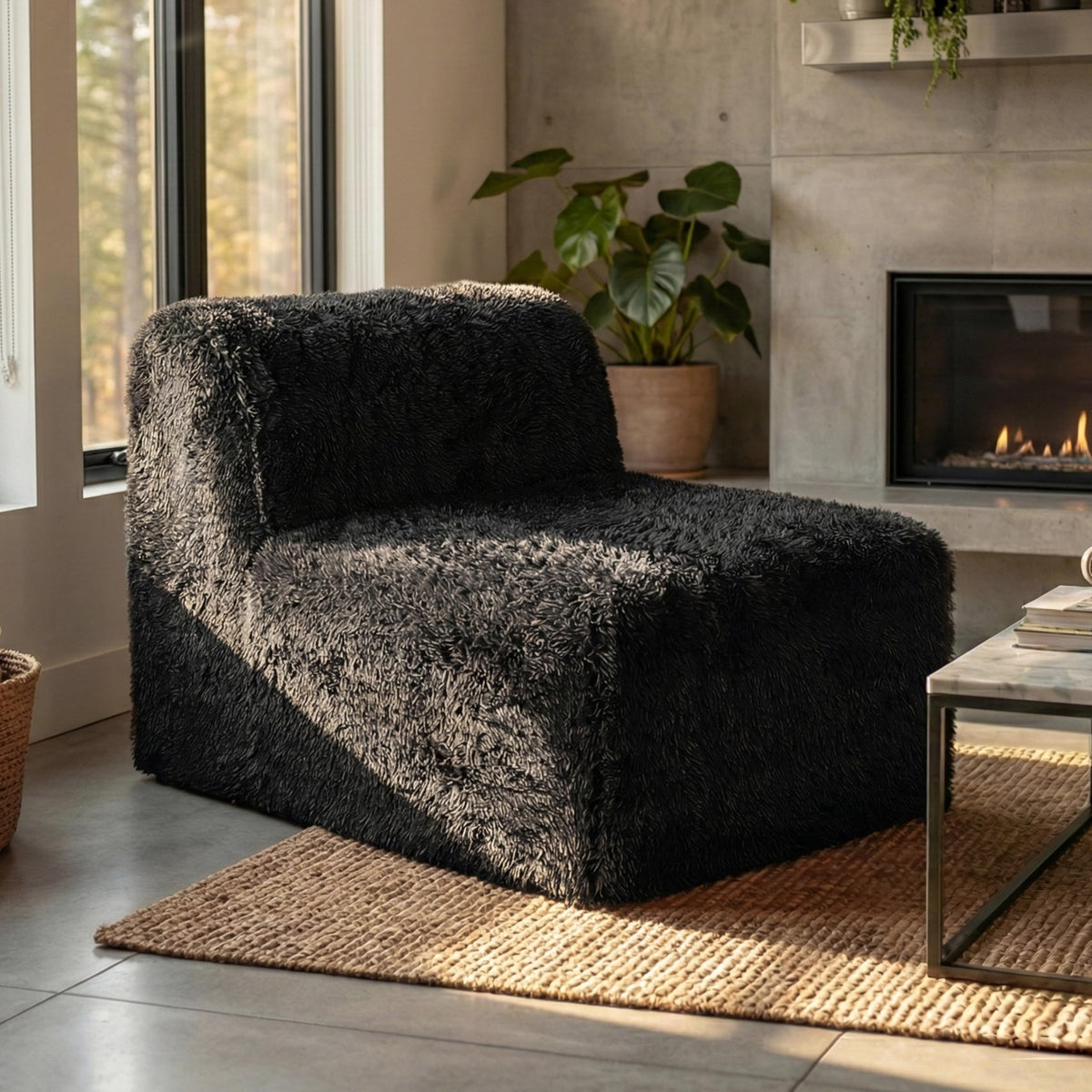Furniture of America Havyn Modern Faux Fur 1-Seater Modular Armless Foam Sofa Chair with Deep Seat, Compressed Couch in a Box, No Assembly Required, for Living Room and Office, Black
