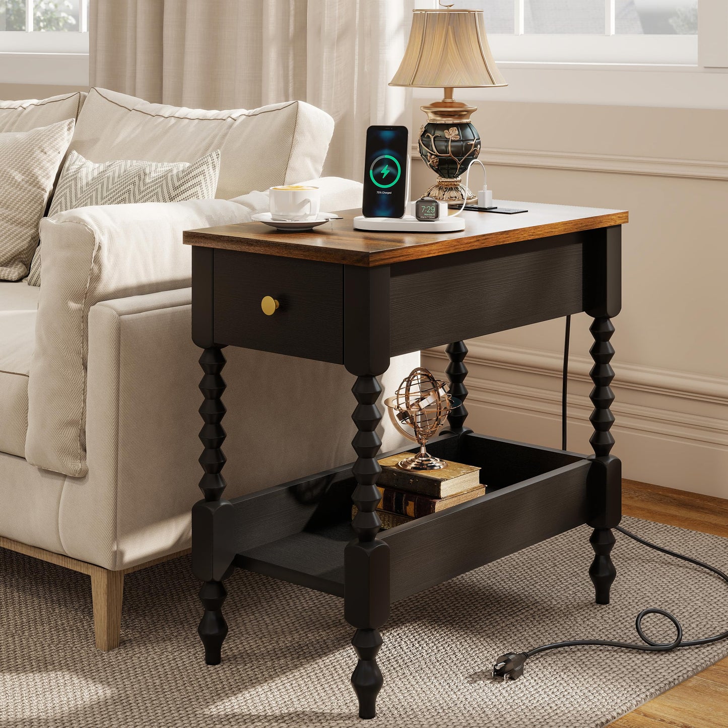 YOSHOOT Farmhouse End Table with Charging Station - Narrow Side Table for Living Room Bedroom Small Space, Wood Nightstand with Drawer and Power Outlets, Black