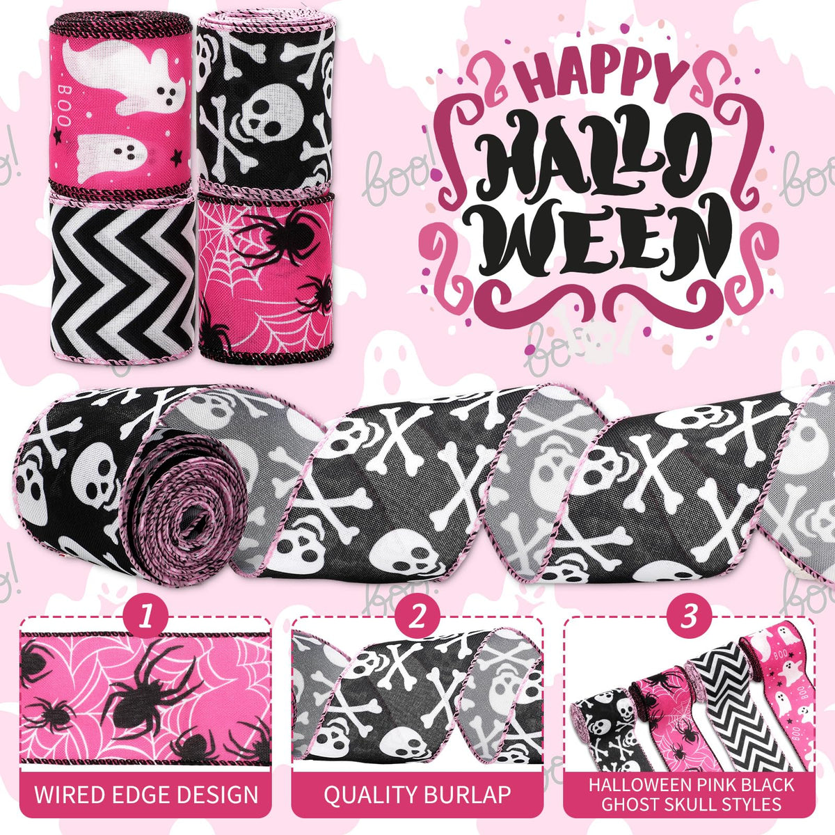 JarThenaAMCS Halloween Wired Edge Ribbons Ghost Skull Fabric Ribbons Pink Black Wrapping Ribbons for DIY Crafts Wreath Bow Making Supplies, 4 Rolls, 24 Yard