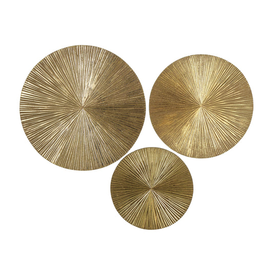 CosmoLiving by Cosmopolitan Wooden Plate Home Wall Decor Carved Radial Wall Sculpture, Set of 3 Wall Art 24", 20", 16"H, Gold