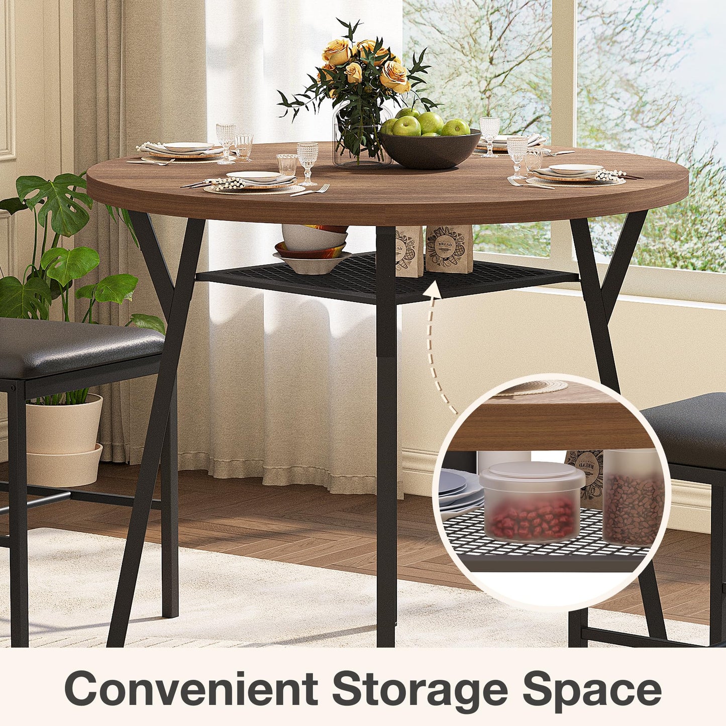 Pamapic Round Dining Table Set for 4, Kitchen Table and Chairs for 4, Dining Room Circle Dinner Pedestal Table, Solid Metal Frame,Space Saving Wood Small Kitchen & Dining Room Furniture,Walnut
