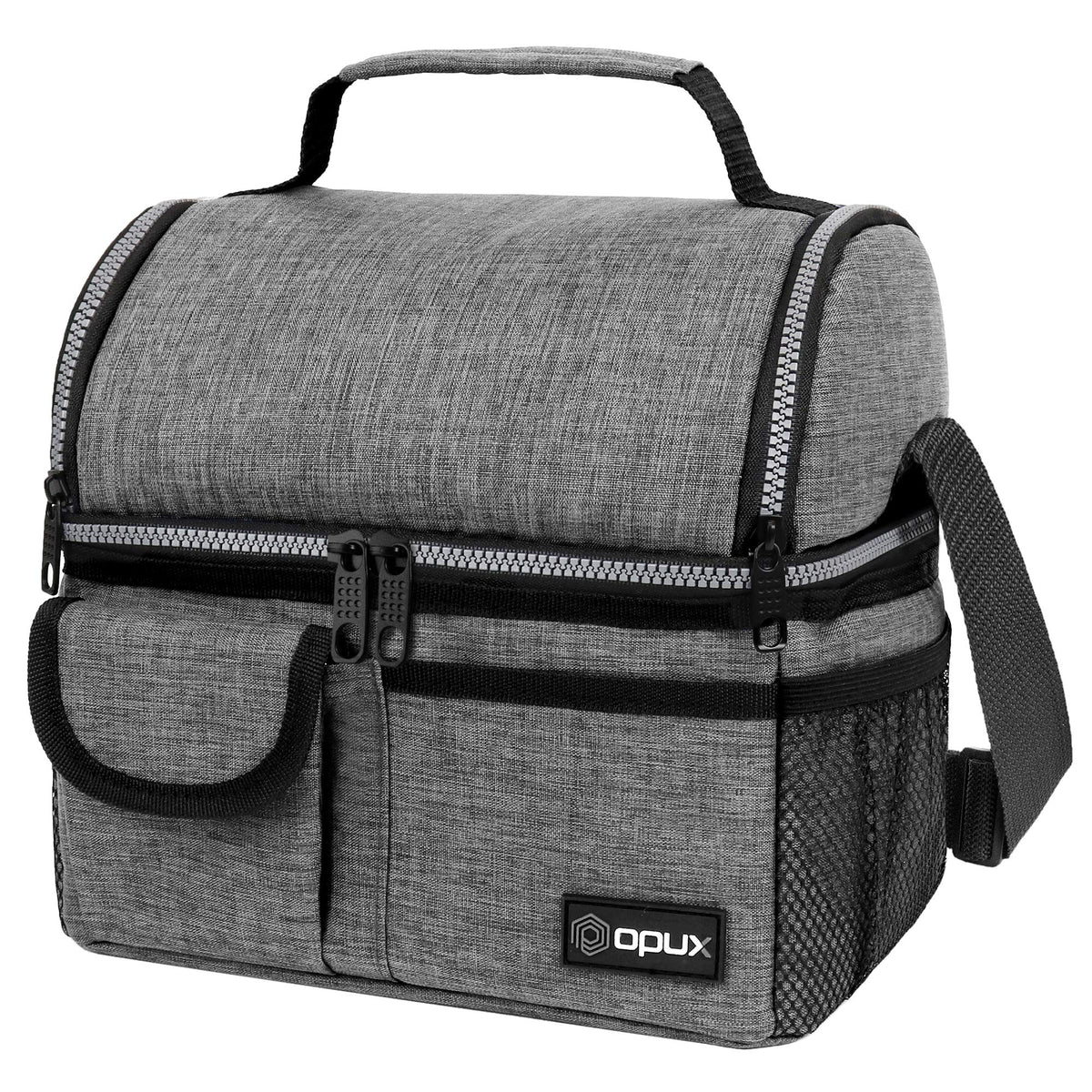 opux Insulated Lunch Bag Women Men, Dual Compartment Leakproof Lunch Box Adults Kids, Double Decker Meal Prep Bento Lunch Cooler Tote with Shoulder Strap for Work Office School Travel, Gray
