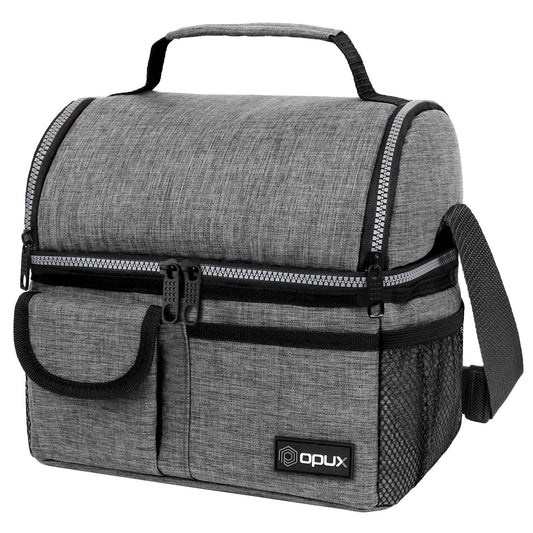 opux Insulated Lunch Bag Women Men, Dual Compartment Leakproof Lunch Box Adults Kids, Double Decker Meal Prep Bento Lunch Cooler Tote with Shoulder Strap for Work Office School Travel, Gray