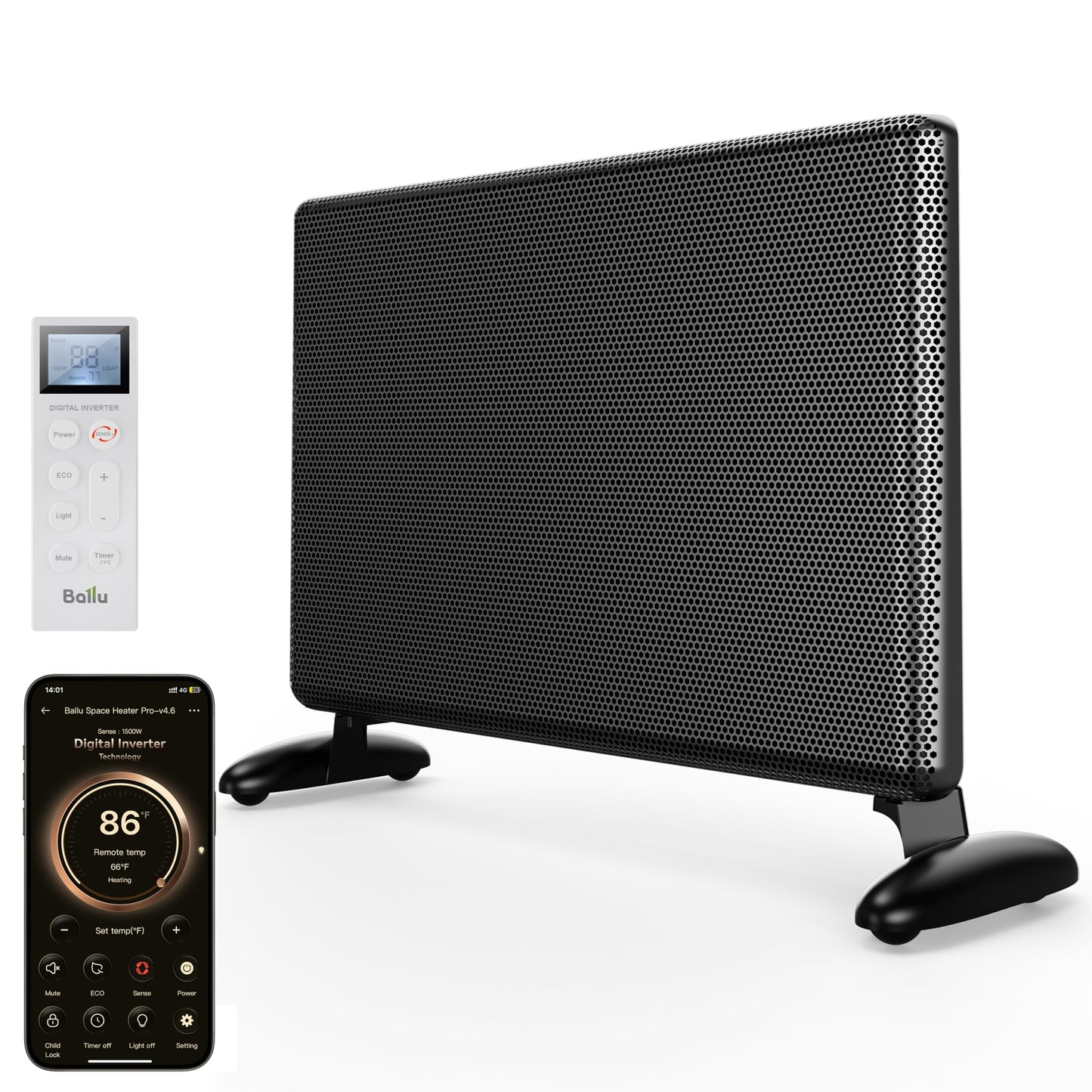 Ballu Mica Infrared Panel Space Heater for Large Room,Smart Quiet Heater with Programmable Thermostat,WiFi App Control,Inverter Energy Efficient for Indoor Use,Compatible with Alexa,Black