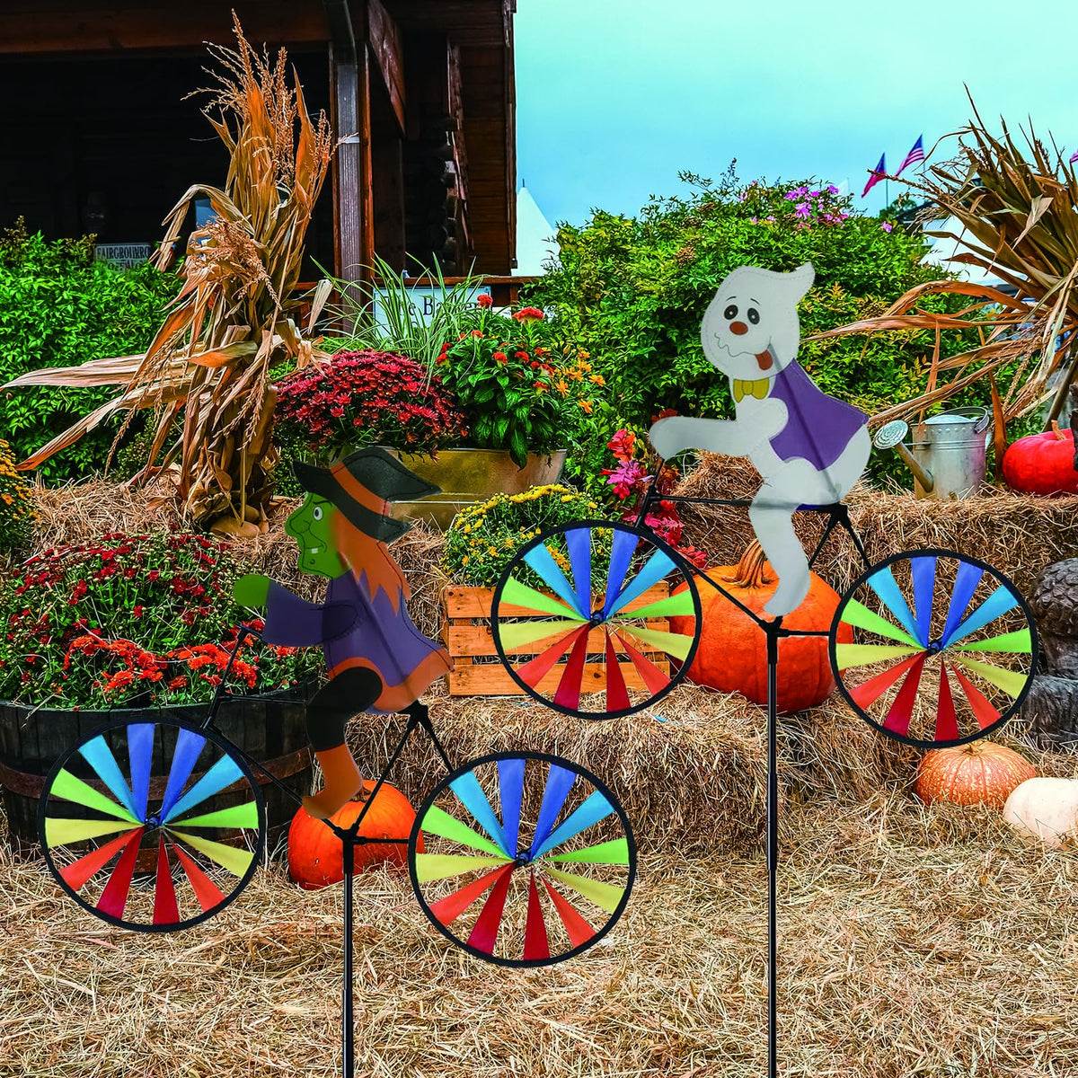2 Pack 20 Inches Halloween Witch & Ghost Bike Spinner Decorations Pinwheels with Stakes Windmill Wind Spinners Outdoor for Yard Garden Lawn, Large Pin Wheels Halloween Accessories Gifts