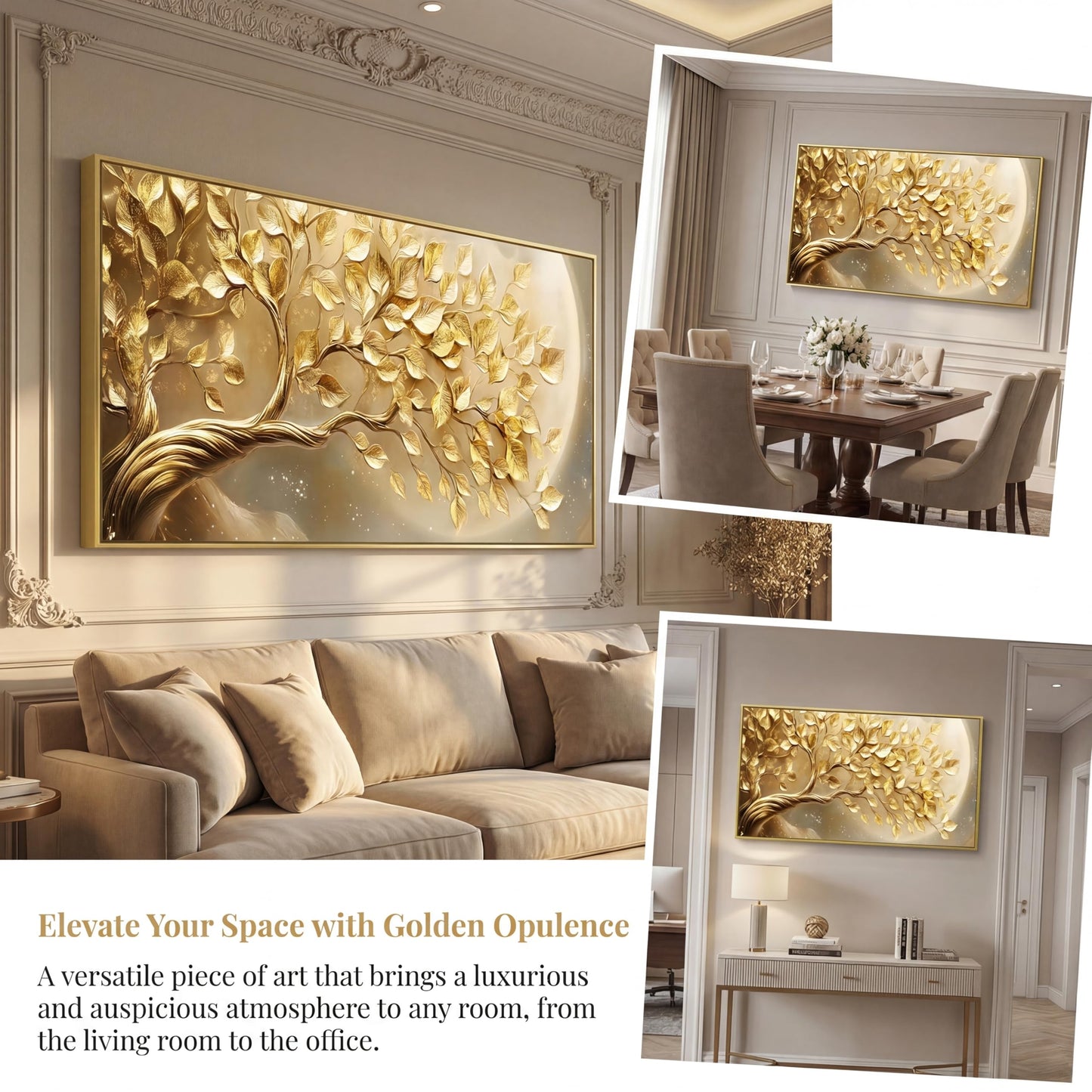 BirdSuite Gold Framed Golden Leaf Money Tree Wall Art, Luxury 3D Effect Canvas Print, Ready to Hang Wall Decor for Living Room Bedroom Office Dining Room Entryway, 58x29 Inch
