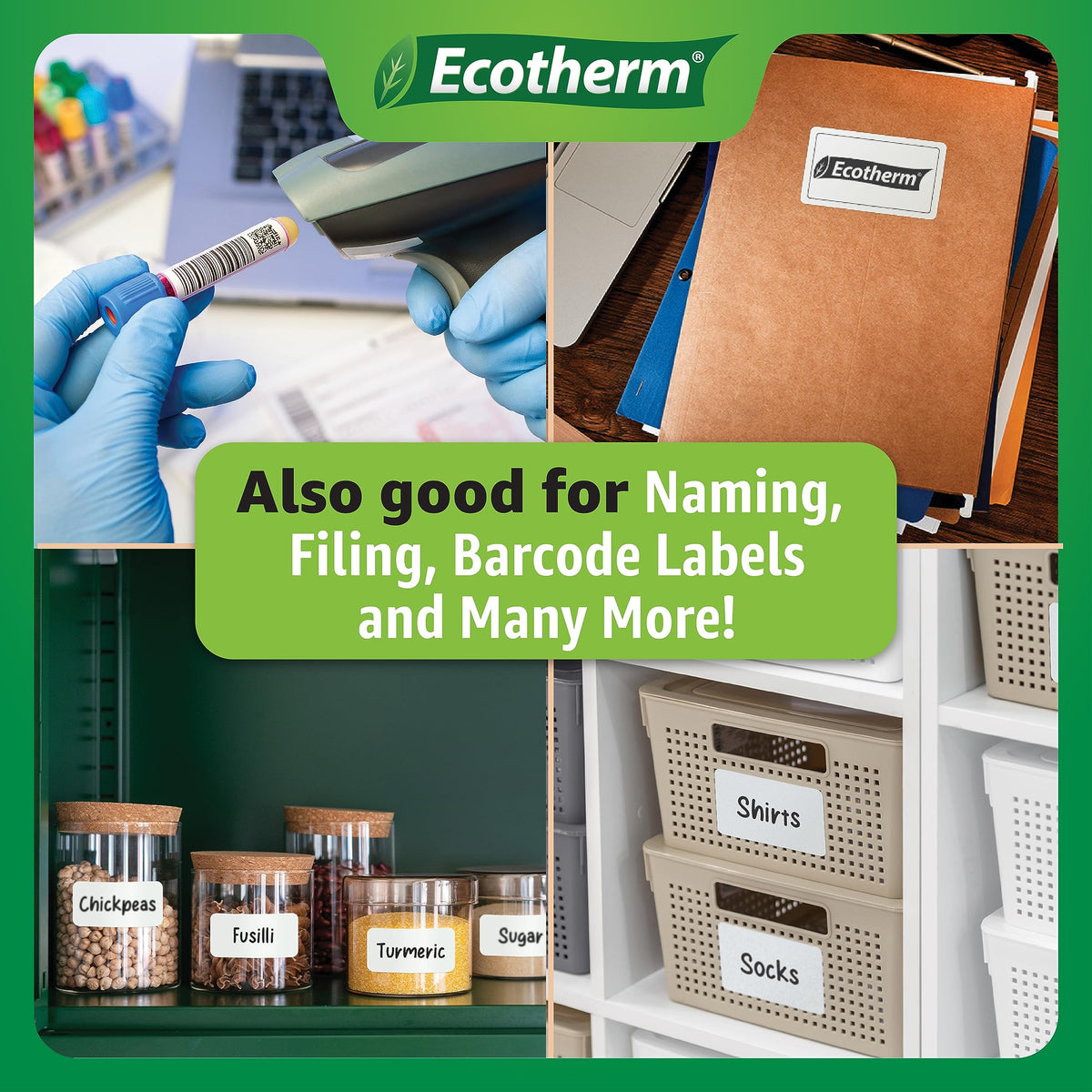 3" x 1" Thermal Labels | 4 Rolls | 5240 Labels | fits Zebra, Munbyn, Rollo, Godex, Arkscan, iDPRT, Offnova Thermal Label Printers and More | Blank White Adhesive Stickers by Ecotherm