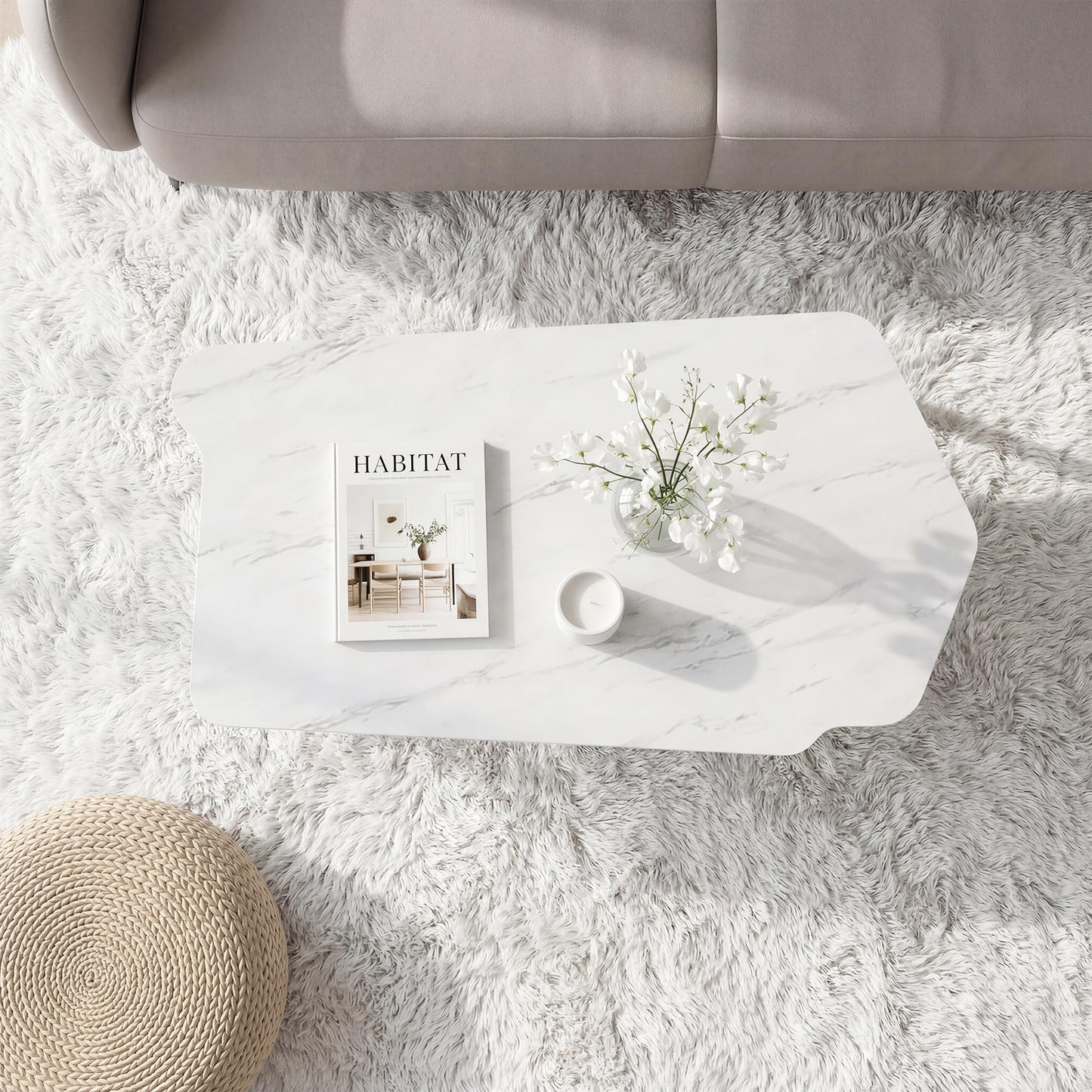 Manora Irregular Marble Pattern Coffee Table, Modern Small Center Table with Unique Shape Top, Faux Marble Wood Table for Living Room, Home Office, Apartment, Minimalist Accent Tea Table