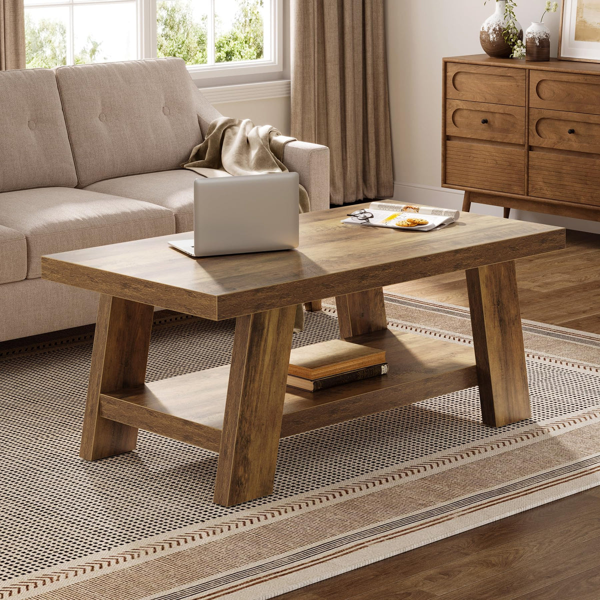 Tribesigns Farmhouse Coffee Tables for Living Room, 47.24" Rectangle Coffee Tables with Storage Shelves, Rustic Wooden Center Table for Apartment, Home Office (Rustic Brown)