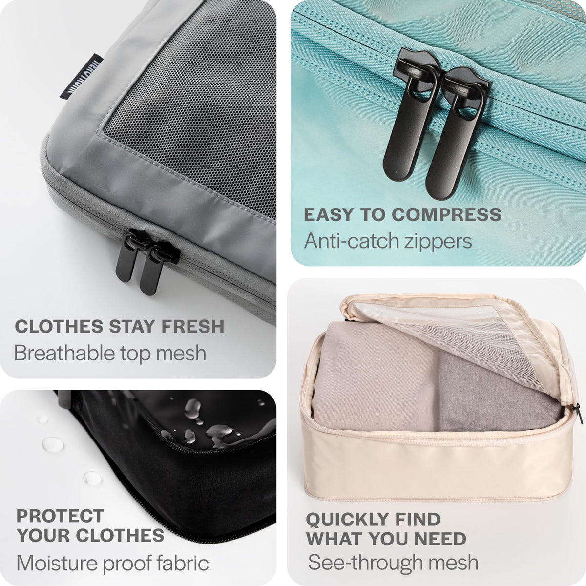 Aerotrunk Compression Packing Cubes for Travel - Luggage Organizer Bags - Double Zipper Packing Cubes for Suitcases (6-Pack, Beige)