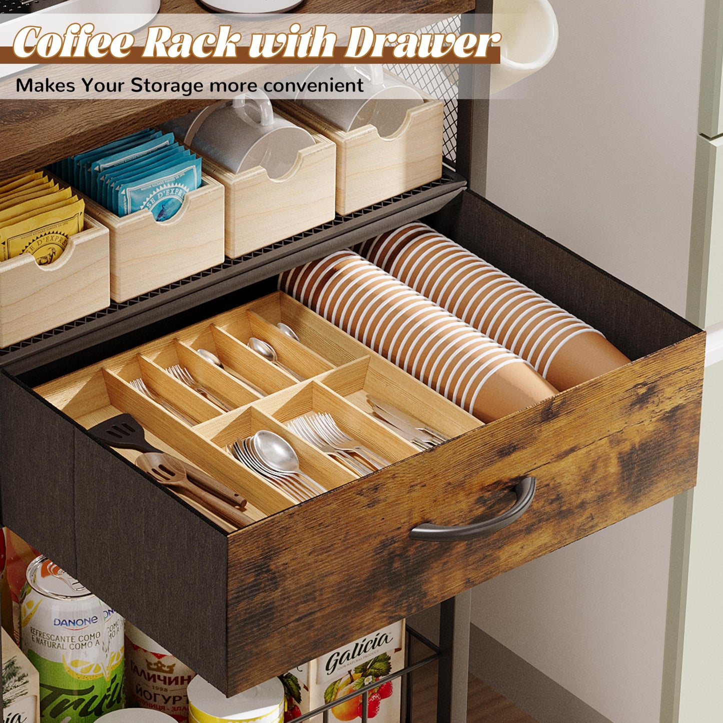 Dsmadn Small Coffee Bar Cart with Drawer Srorage, Office Coffee Bar Station Organizer Mug Cup Holder Stand, K Cup Holder Rack for Home Buffets & Sideboards for Kichen, Entryway, Living Room (Black)