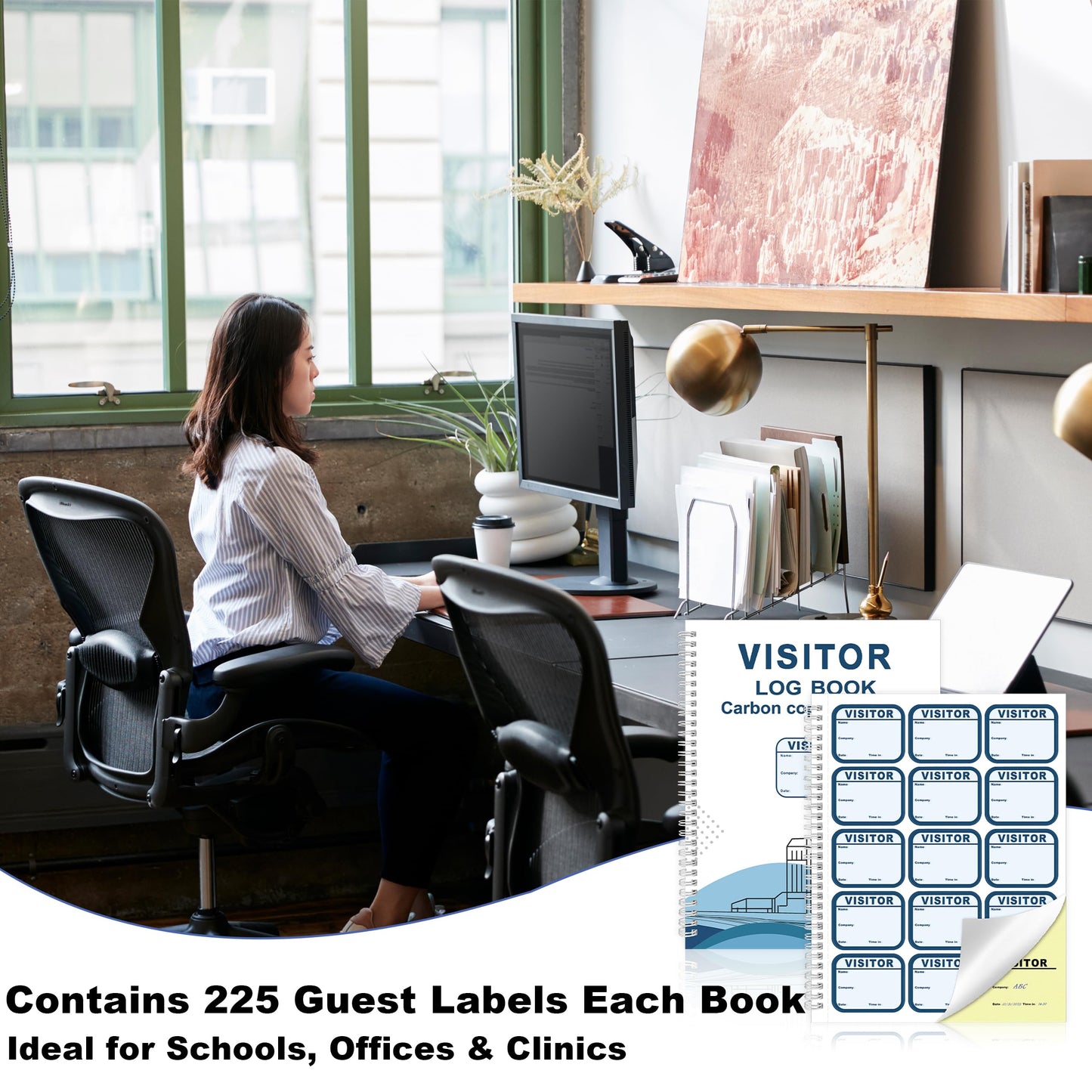 2 Pack of Visitor Badges Log with Carbon Copy Protecting Privacy Pages Visitor Stickers 8.5x11 Inch Visitor Log Book School Church Business Pass Guest Register Book - 450 Badges 60 Memo Pages (2)
