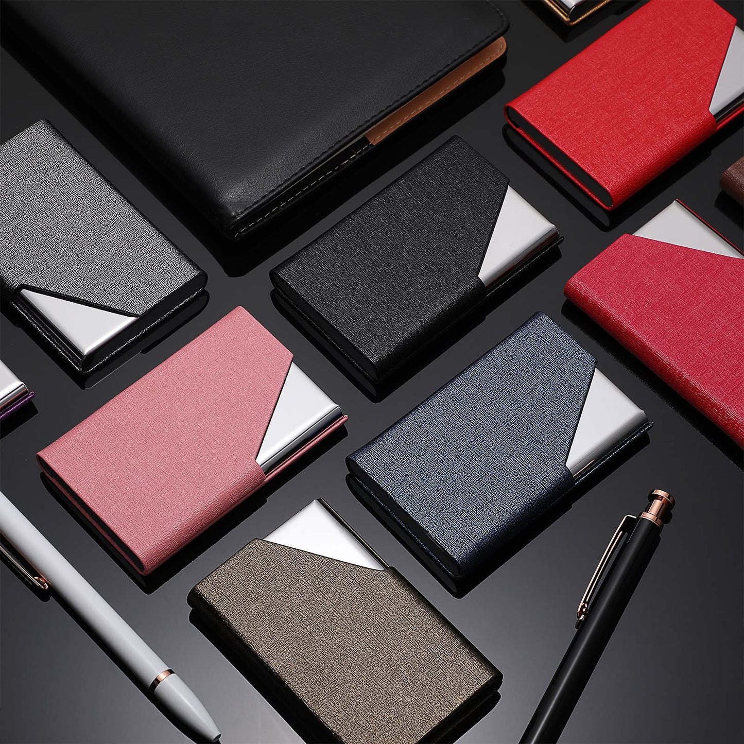 Yexiya 10 Pcs Business Card Holder Case Professional PU Leather & Stainless Steel Pocket Card, Metal Slim Credit Wallet with Magnetic Closure for Men Women Office Gifts, Multicolor