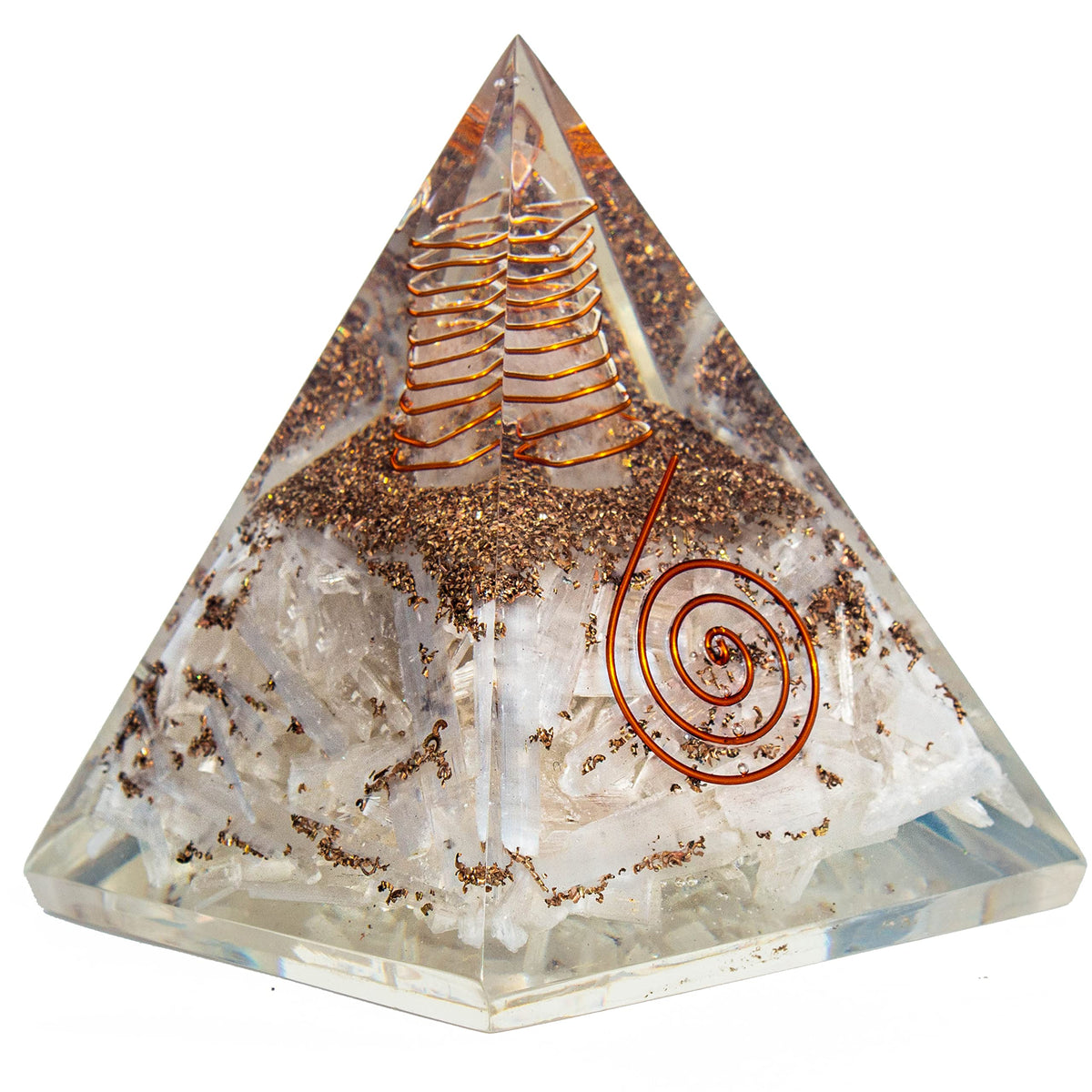 Selenite Orgonite Pyramid for Clarity, Emotional Healing, Spiritual Connection | Orgonite orgone pyramids with Copper Coil and Crystal Quartz for Chakra Protection (Selenite)