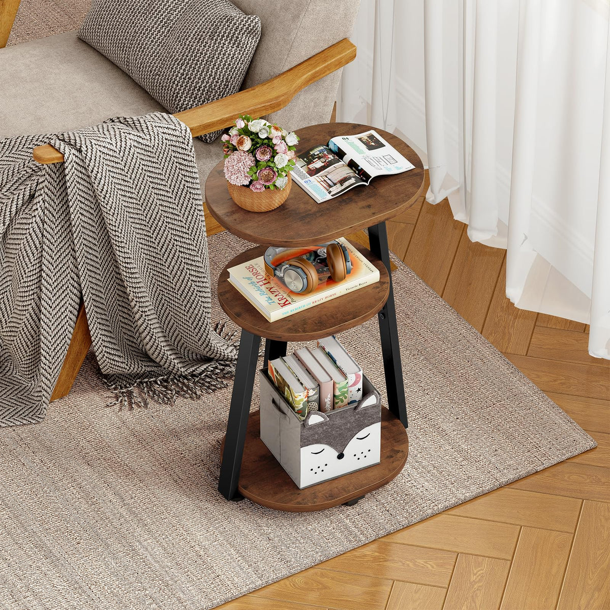 Kalrin Side Table, Small End Table with Metal Frame, 3-Tier Bedside Tables, Round Side Tables for Living Room Bedroom Couch Bathroom, Oval, Vintage Brown