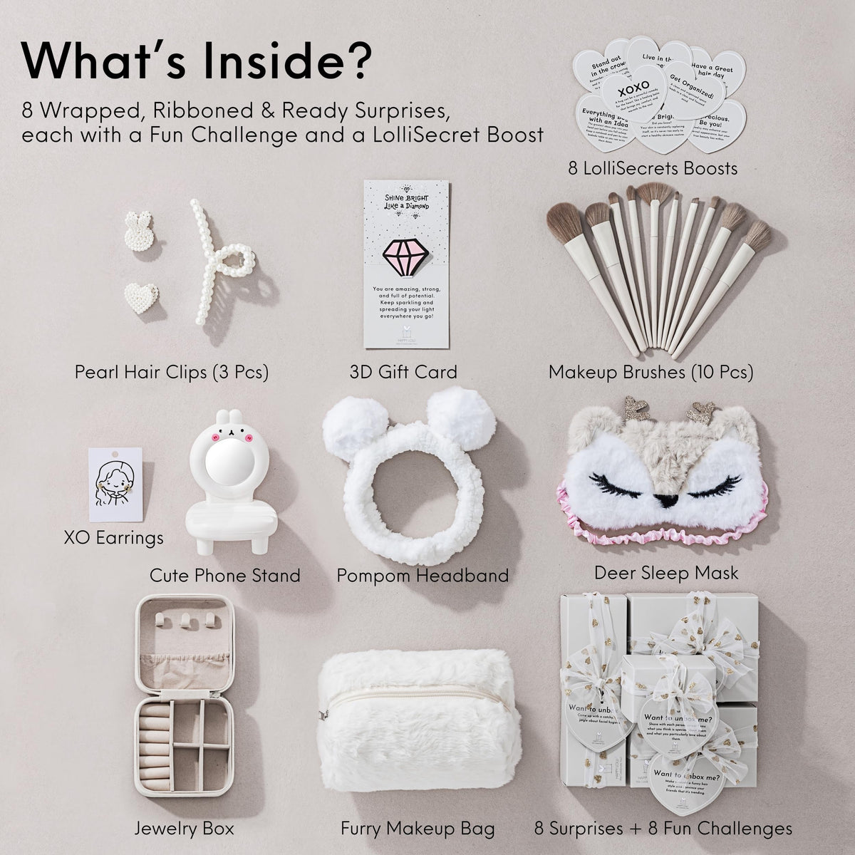 HAPPY LOLLI White LolliBox Gift Set for Tween & Teen Girls Ages 8–15, Birthday Gift Box, Ready-to-Gift Surprise Box with 8 Individually Wrapped Gifts & Empowering Challenges