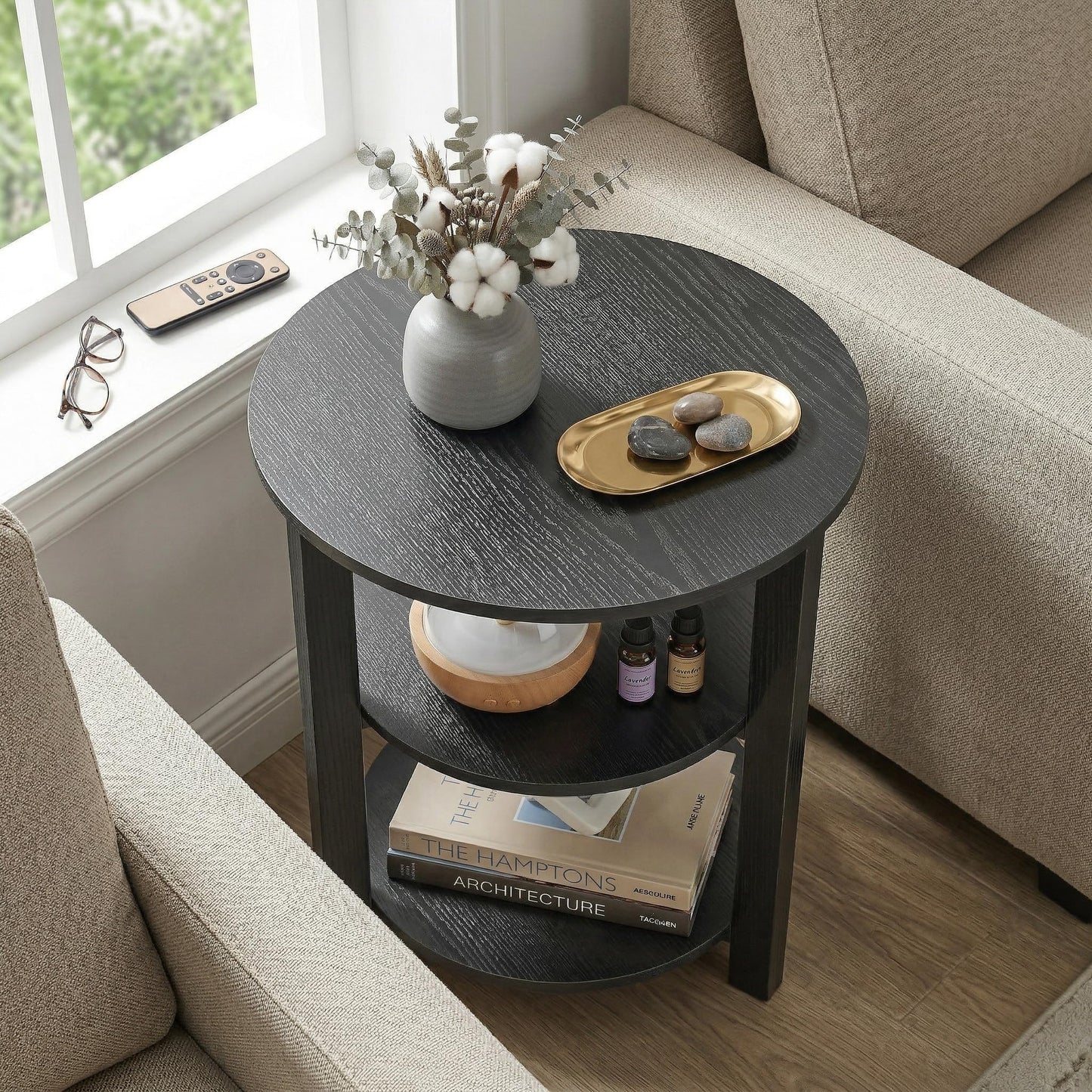 ZEXVIDA Farmhouse 3-Tier Round Side Table, 17.7*21.7Inch End Table with Open Storage,Modern Bedside Couch Accent Table for Living Room, Bedroom, Office，Wooden Table for Narrow and Small Spaces, Black