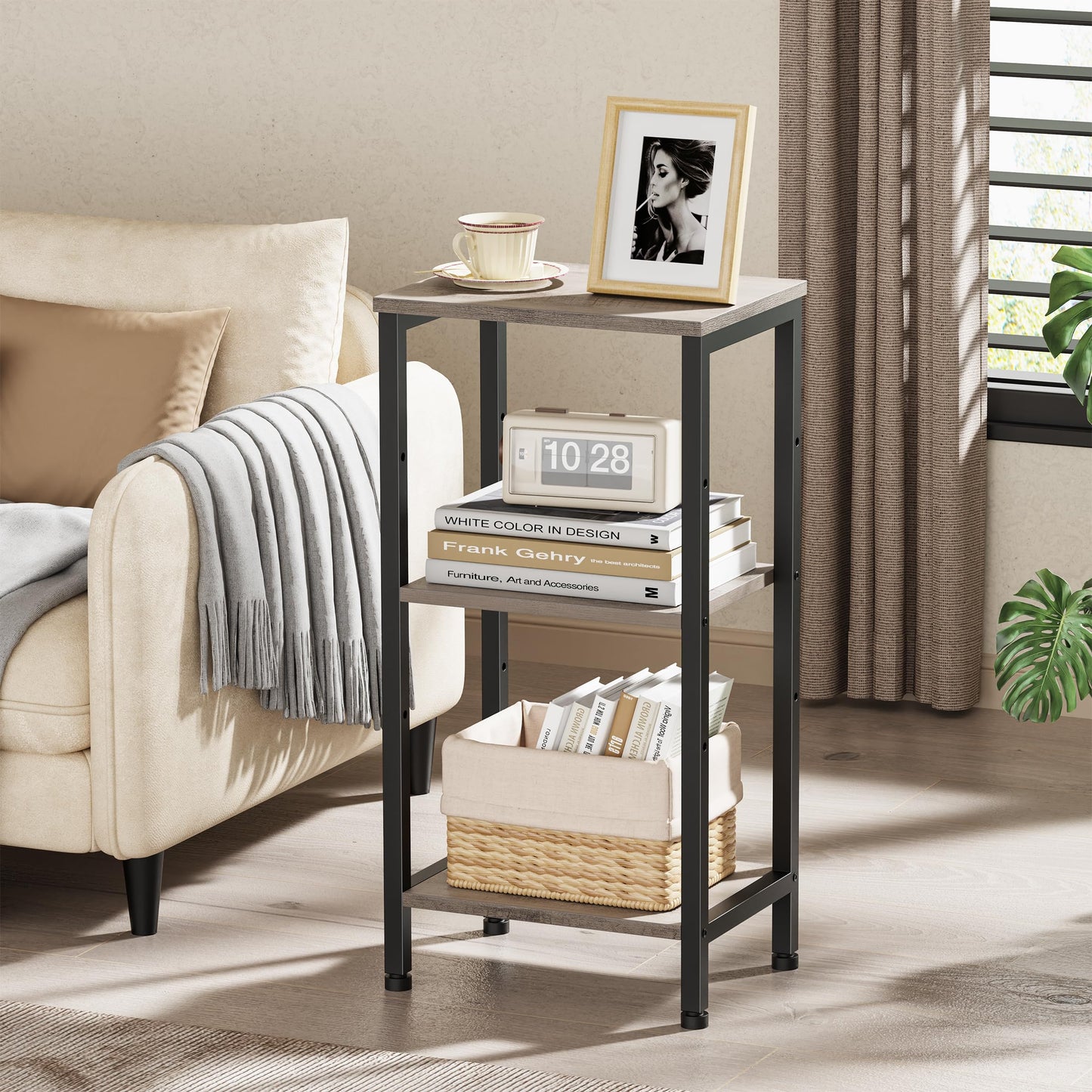 Asgolion Small Grey Side Table, Tall End Table with Adjustable Shelf for Living Room, Grey Nightstand, Accent Table Stand for Home Decor, Office, Greige