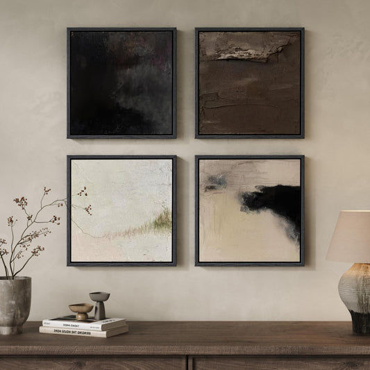 Framed Neutral Abstract Wall Art, 4 Piece Modern Minimalist Brown Black Beige Canvas Prints Artwork for Walls, Contemporary Square Earth Tone Wall Decor for Living Room Bedroom Office Entryway, 12x12