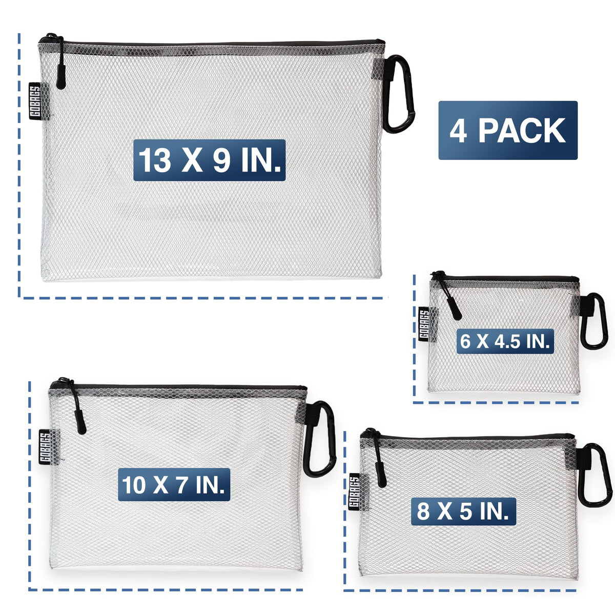 GOBAGS Air Production Multi‑Size Clear Zipper Pouch (4‑Pack) – Cable Organizer & Travel Gear Bag for Electronics, Camera Accessories, Tool Pouch & Small Tech Storage