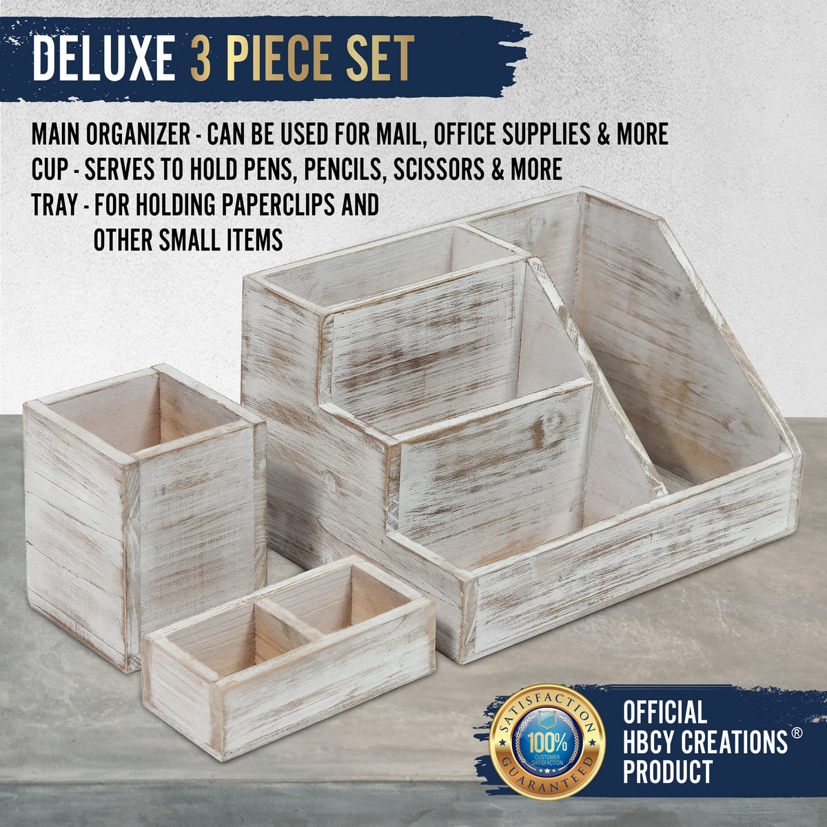 HBCY Creations Rustic Wooden Desk Organizer Set, 3-Piece Whitewashed Mail Organizer for Desktop - Great for Rustic or Industrial Home Decor