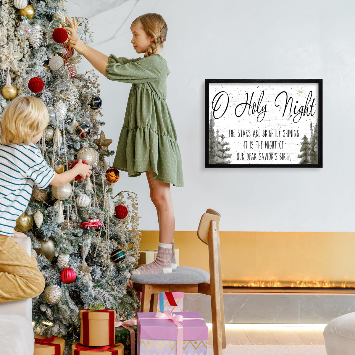 Ronasip Framed Christmas Wall Decor - O Holy Night Wooden Wall Art with Scripture (THE STARS ARE BRIGHTLY SHINING), Rustic Christmas Artwork, Xmas Home Decor, Winter Wall Sign (12"x16.5", Black)