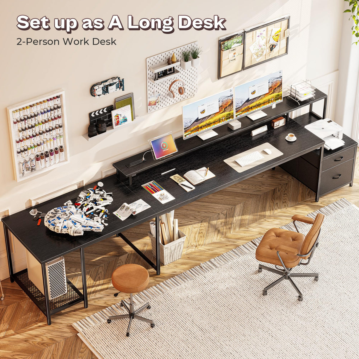 PRAISUN 66" L Shaped Gaming Desk with LED Lights & Power Outlets, Computer Desk with Fabric Drawers and Print Stand, Corner Office Desk, Monitor Stand, Mesh CPU Stand, Black