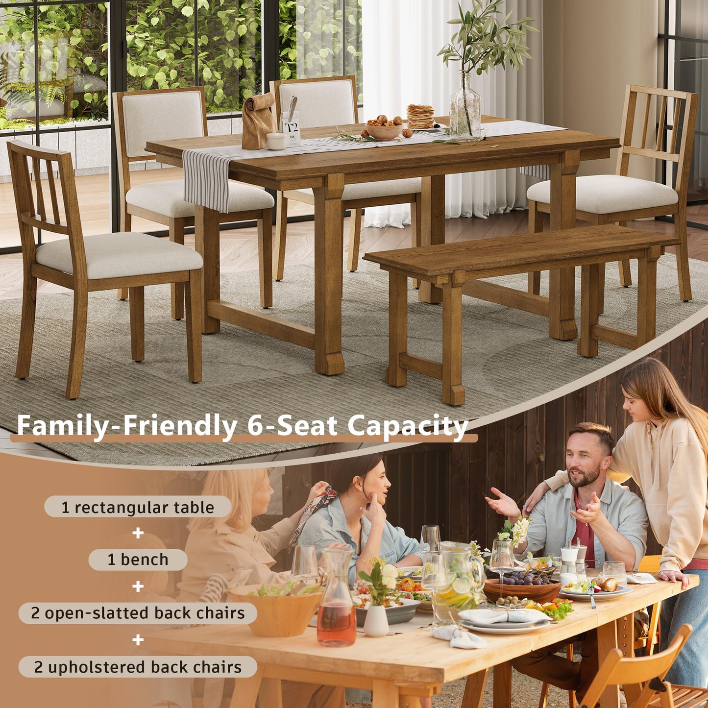 Merax 6-Piece Farmhouse Dining Table Set for 6, 59.8" Rectangle Table + 4pcs Dual-Style Chairs + 37.8" 2 Seater Bench, Kitchen and Dining Room Sets with Solid Wood Legs and Frame (Walnut+ Beige)