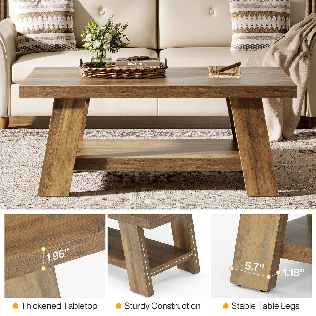 Tribesigns Farmhouse Coffee Tables for Living Room, 47.24" Rectangle Coffee Tables with Storage Shelves, Rustic Wooden Center Table for Apartment, Home Office (Rustic Brown)